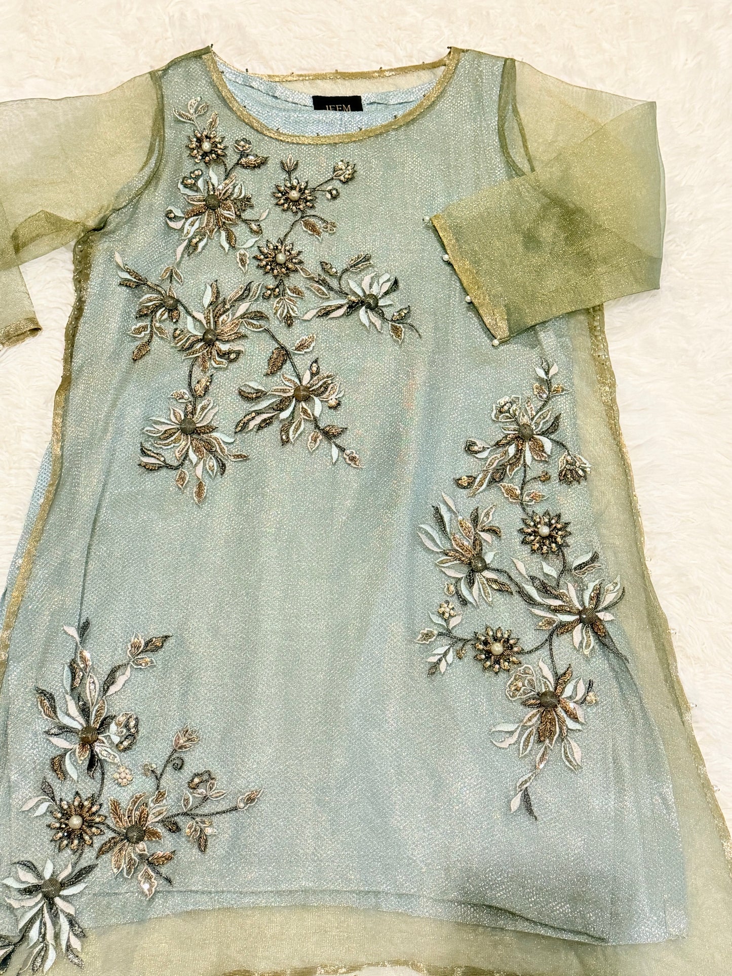 Jeem Metallic Organza Shirt in Blue/Gray color with heavy embroidery and Jamawar Slip