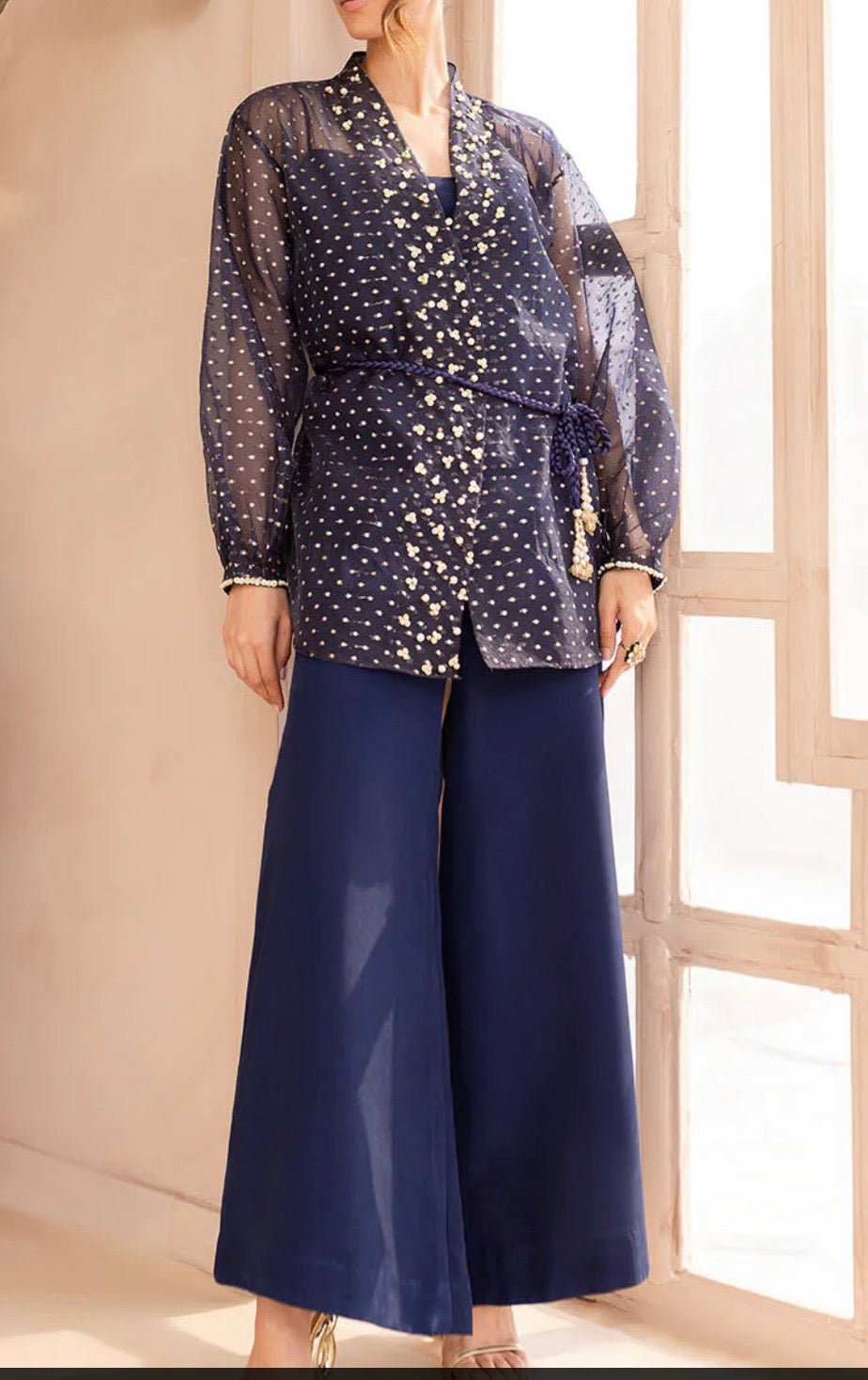 Vanya Navy Blue Organza Wrap with Embroidery