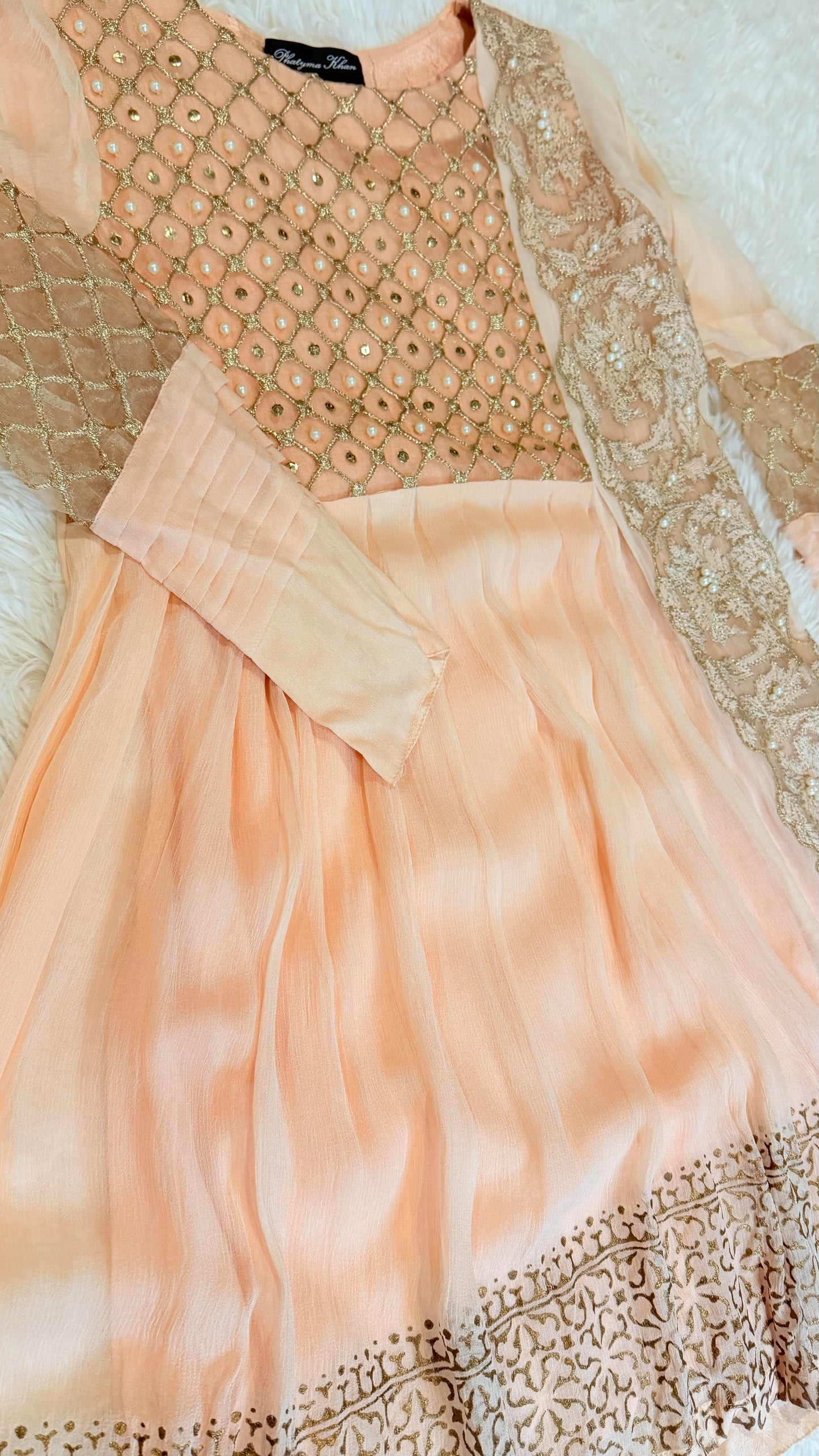 Phatyma Khan Pink Chiffon Baby Doll Shirt with Golden Jamawar Pants