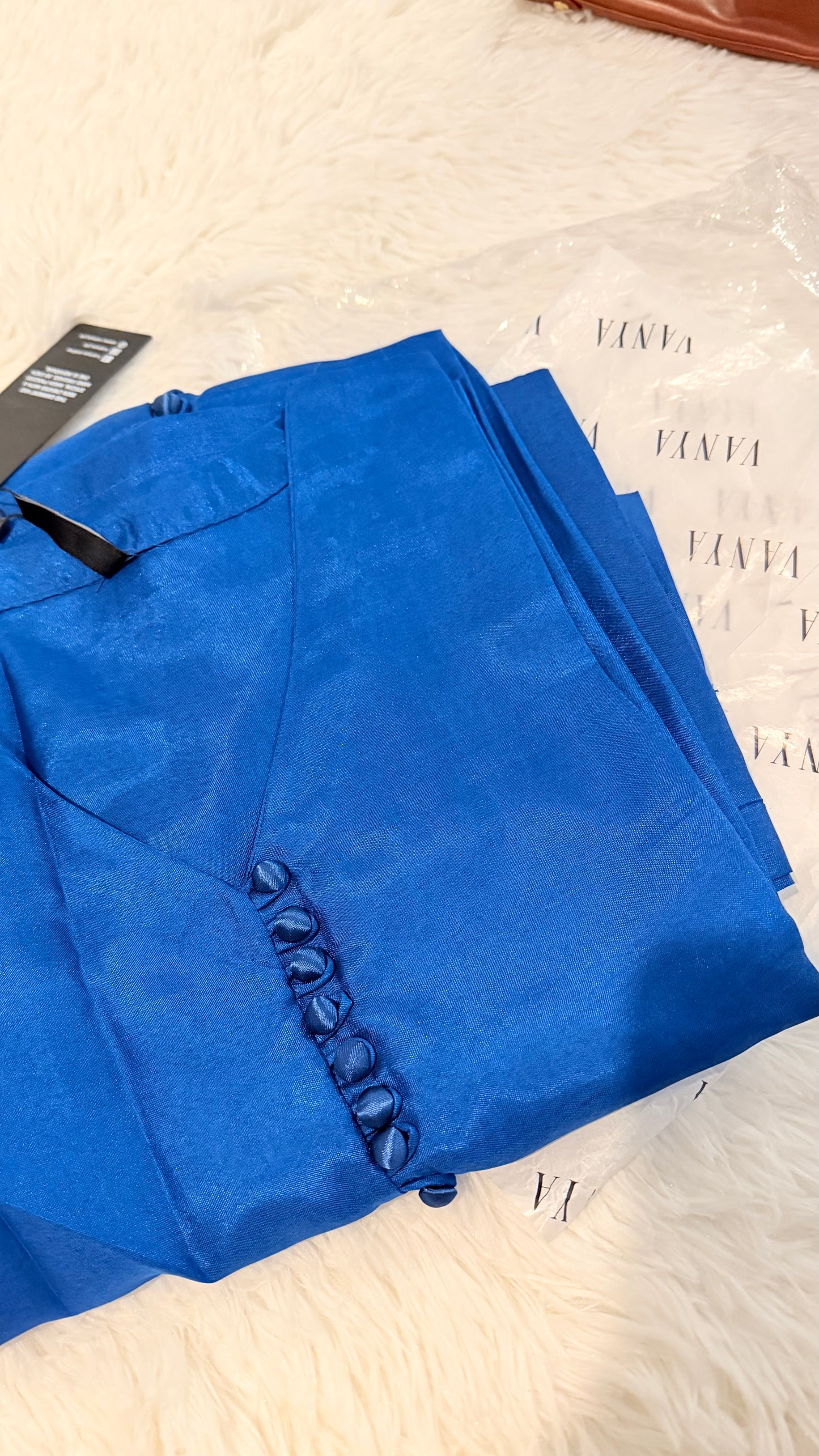 Vanya Blue Long Silk Shirt with Trousers and Embroidery on Sleeves