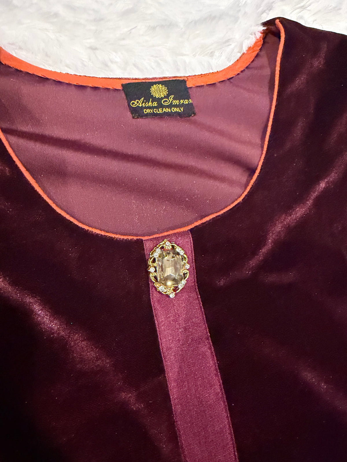 Aisha Imran Deep Purple Velvet Shirt with Thread Embroidery on Border, ornate button decor on neckline and embroidered Sleeve borders