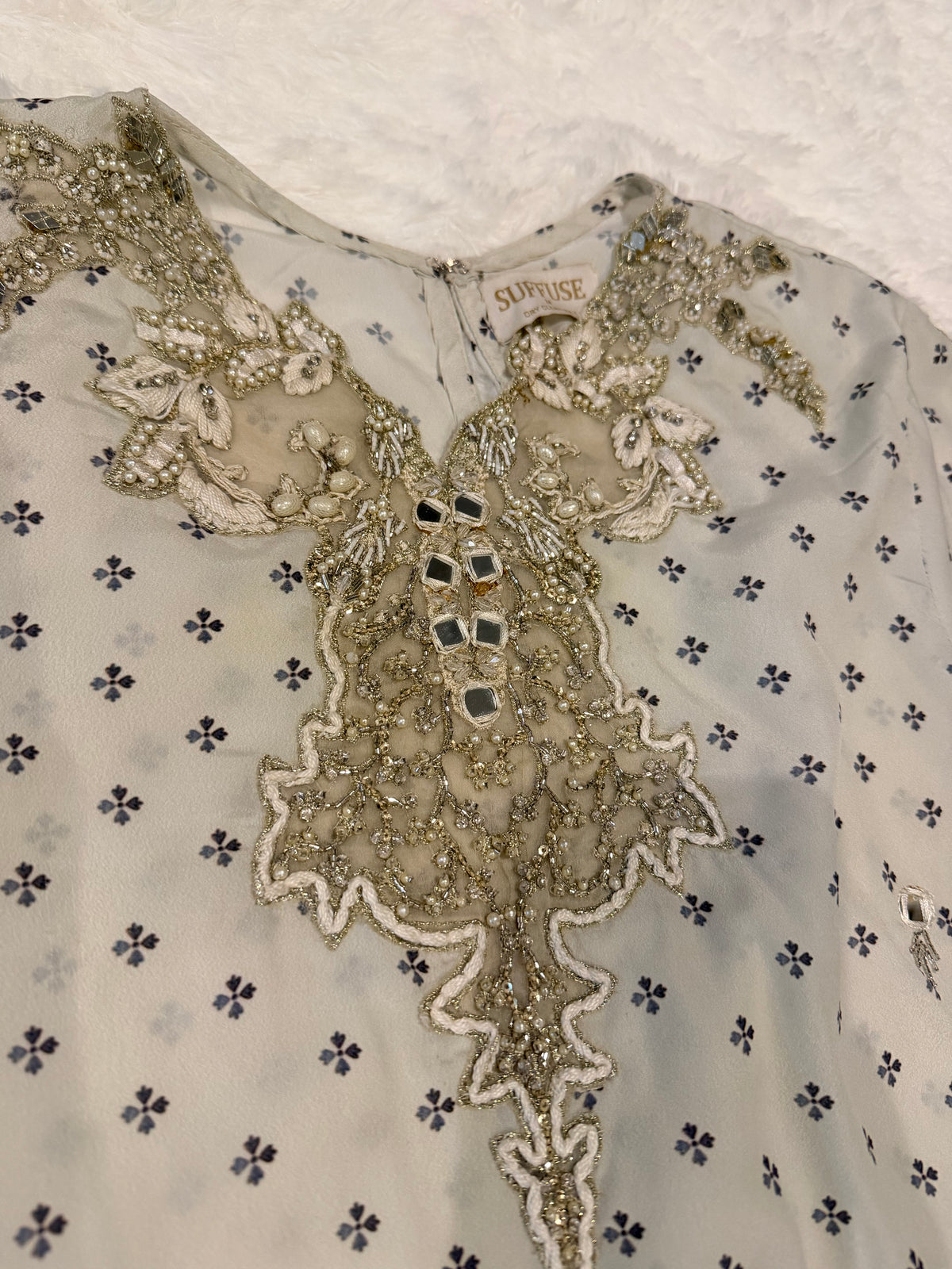 Suffuse Gray Silk Suit with Heavily Embroidered Printed Shirt and Pants with Embellishments on border