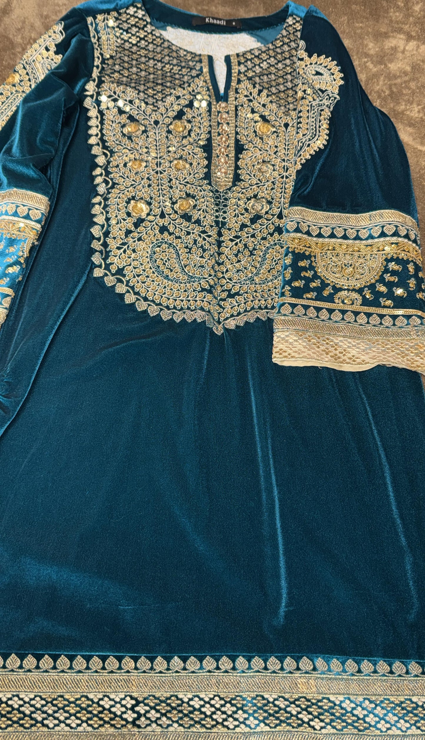 Khaadi Velvet Kurta in Teal Green with Golden Embroidery and Embellishments