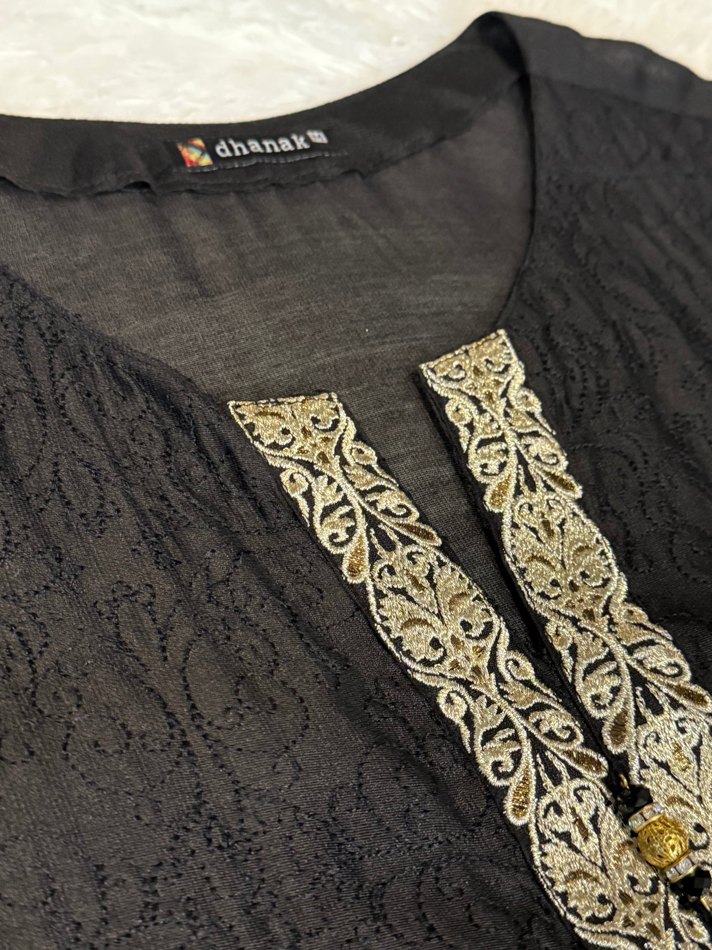 Dhanak Black Kameez with Net Lace Embroidery on Hem an Sleeves