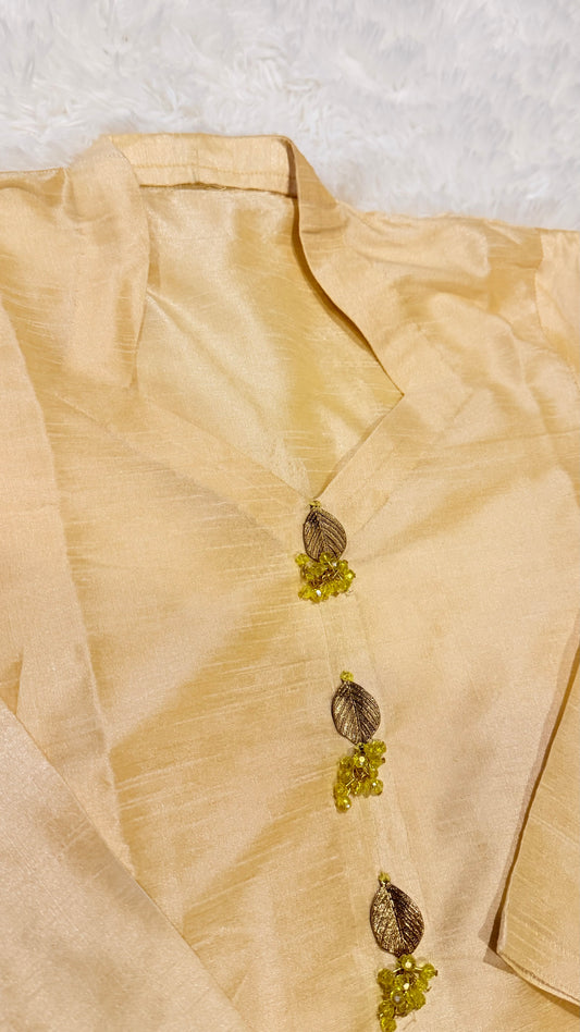 Light Golden Beige Raw Silk Suit withMetal and Crystal ornaments on neckline, comes with pants
