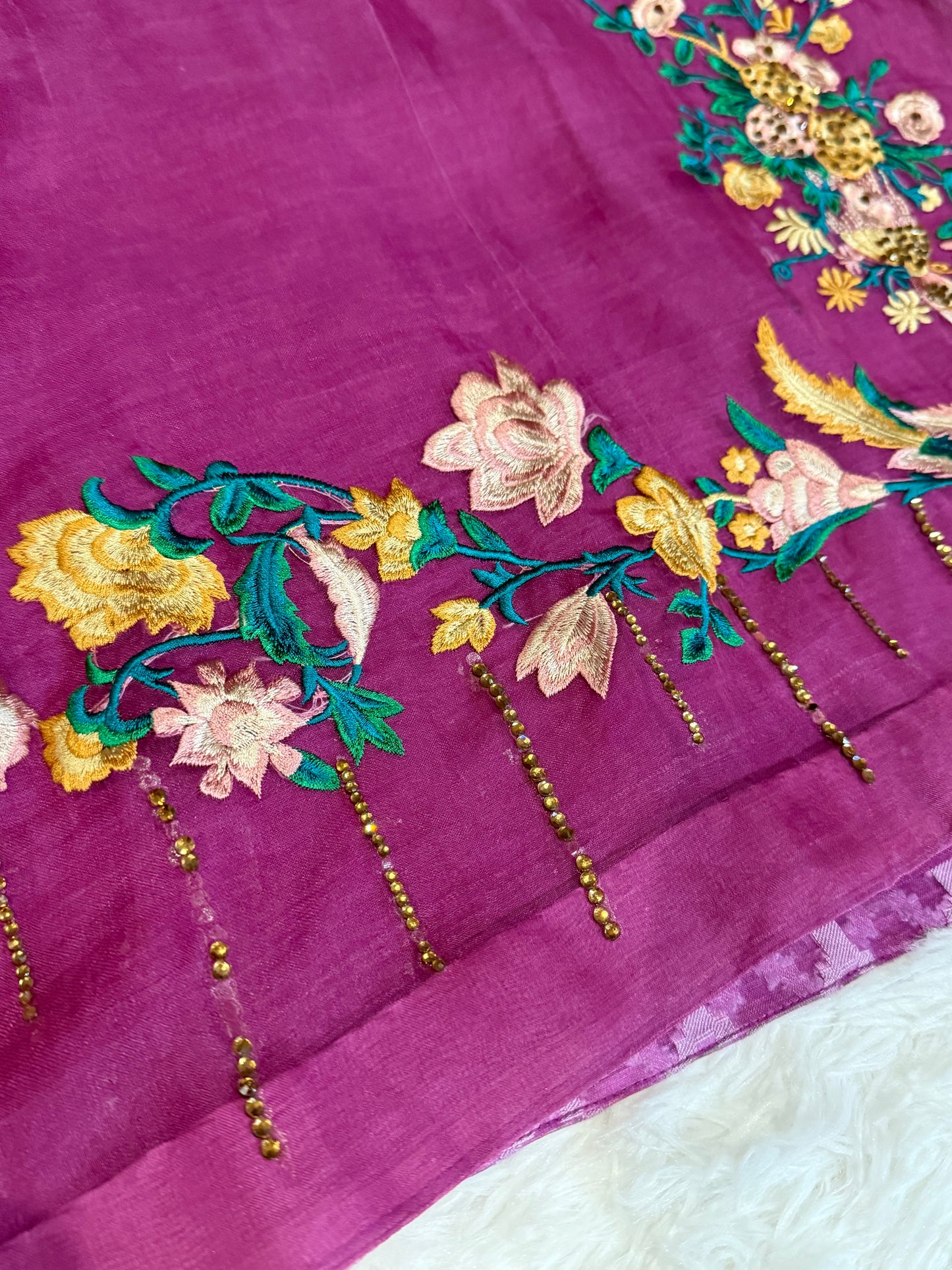 FPL Fuchsia Kameez with Green, Peach & Yellow Embroidery with Bronze Sequins