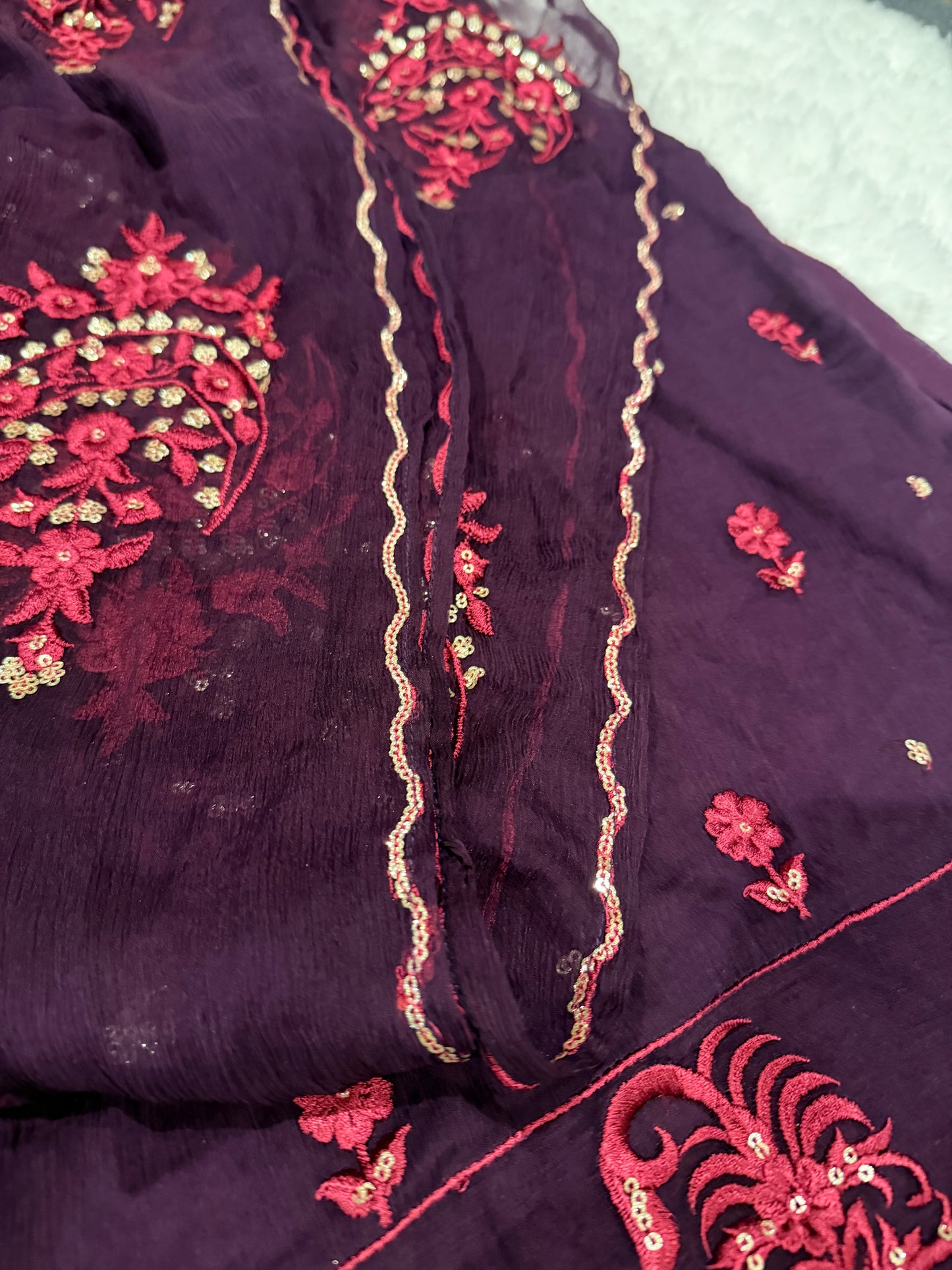 Agha Noor Deep Purple Chiffon Shirt with Magenta Embroidery and Golden Sequins.