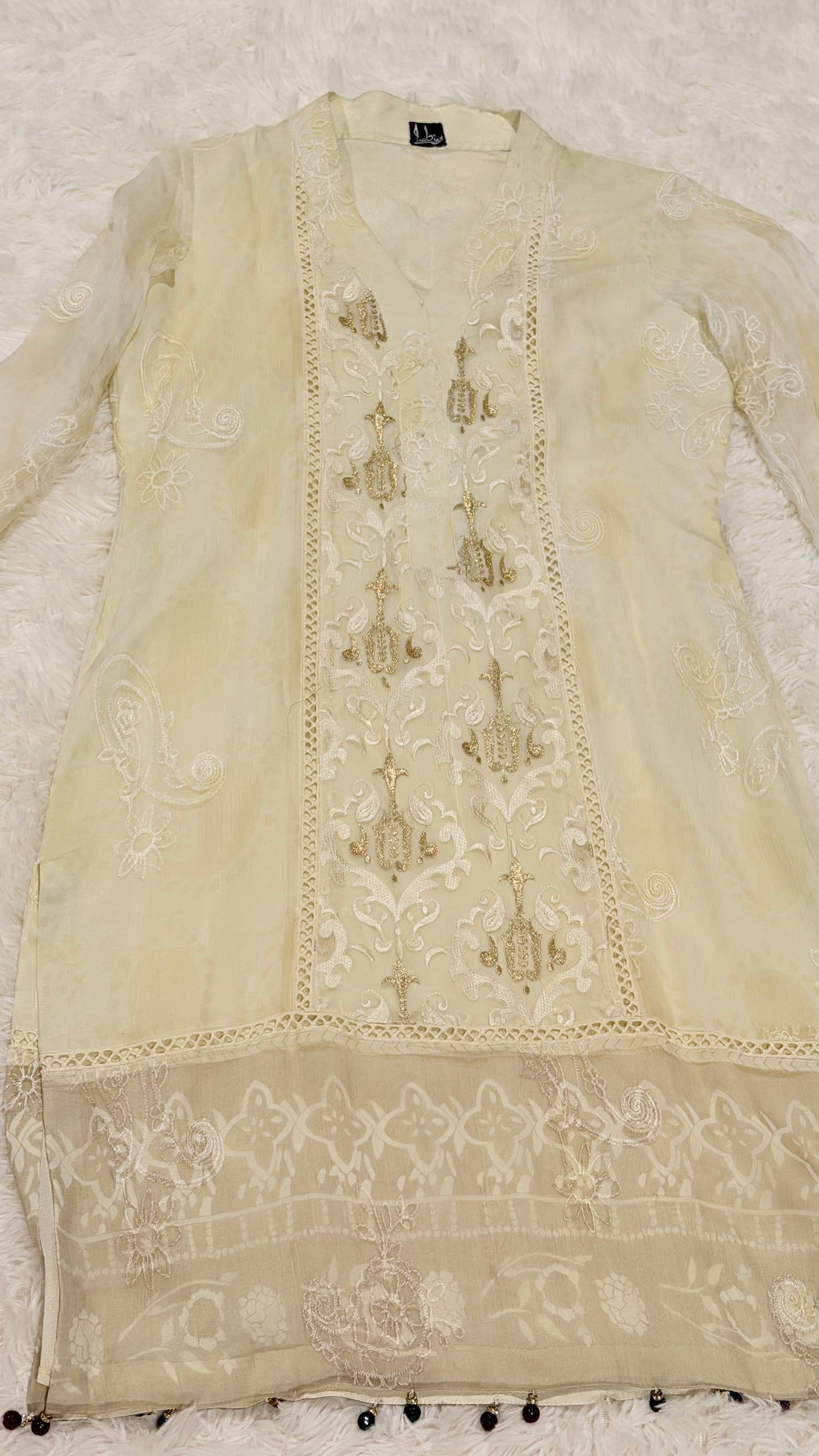 Imbias Off-White Chiffon Shirt with Embroidery and Self-Print background in light beige color