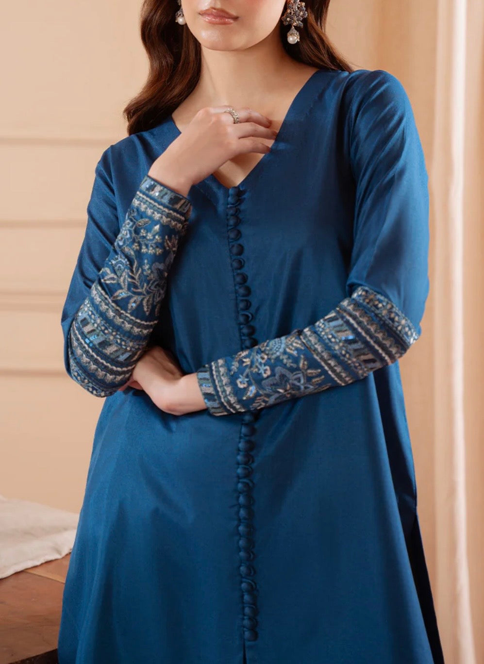 Vanya Blue Long Silk Shirt with Trousers and Embroidery on Sleeves