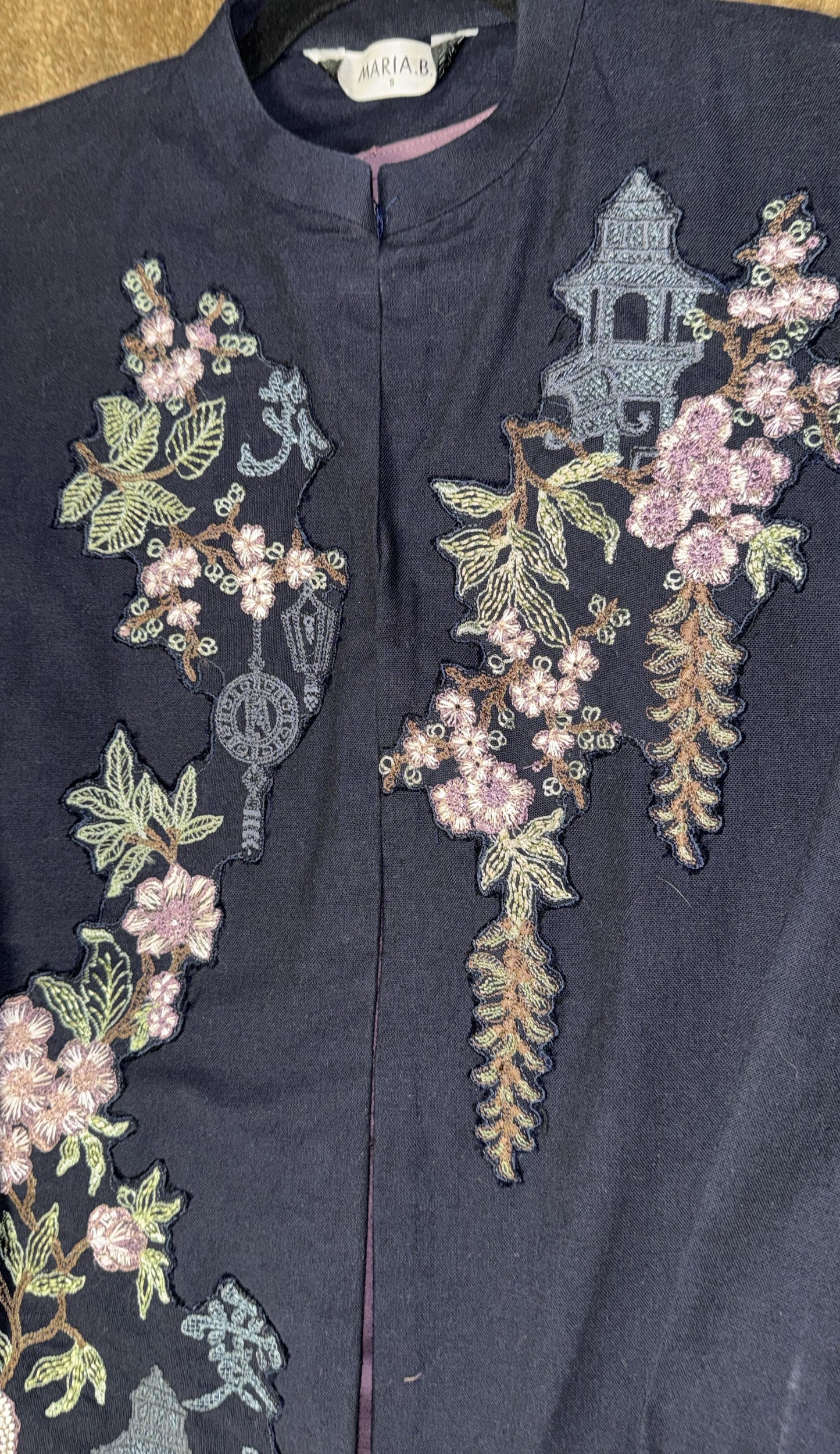 Maria B Black Khaddar Jacket with Floral Embroidery and Slip