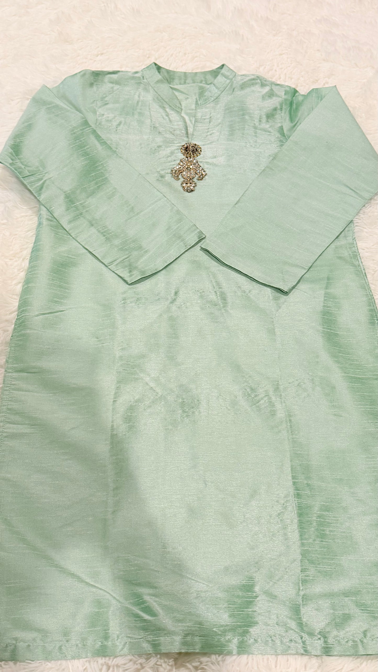 Mint Green Raw Silk Suit with Embroidered Motif on neckline, comes with pants