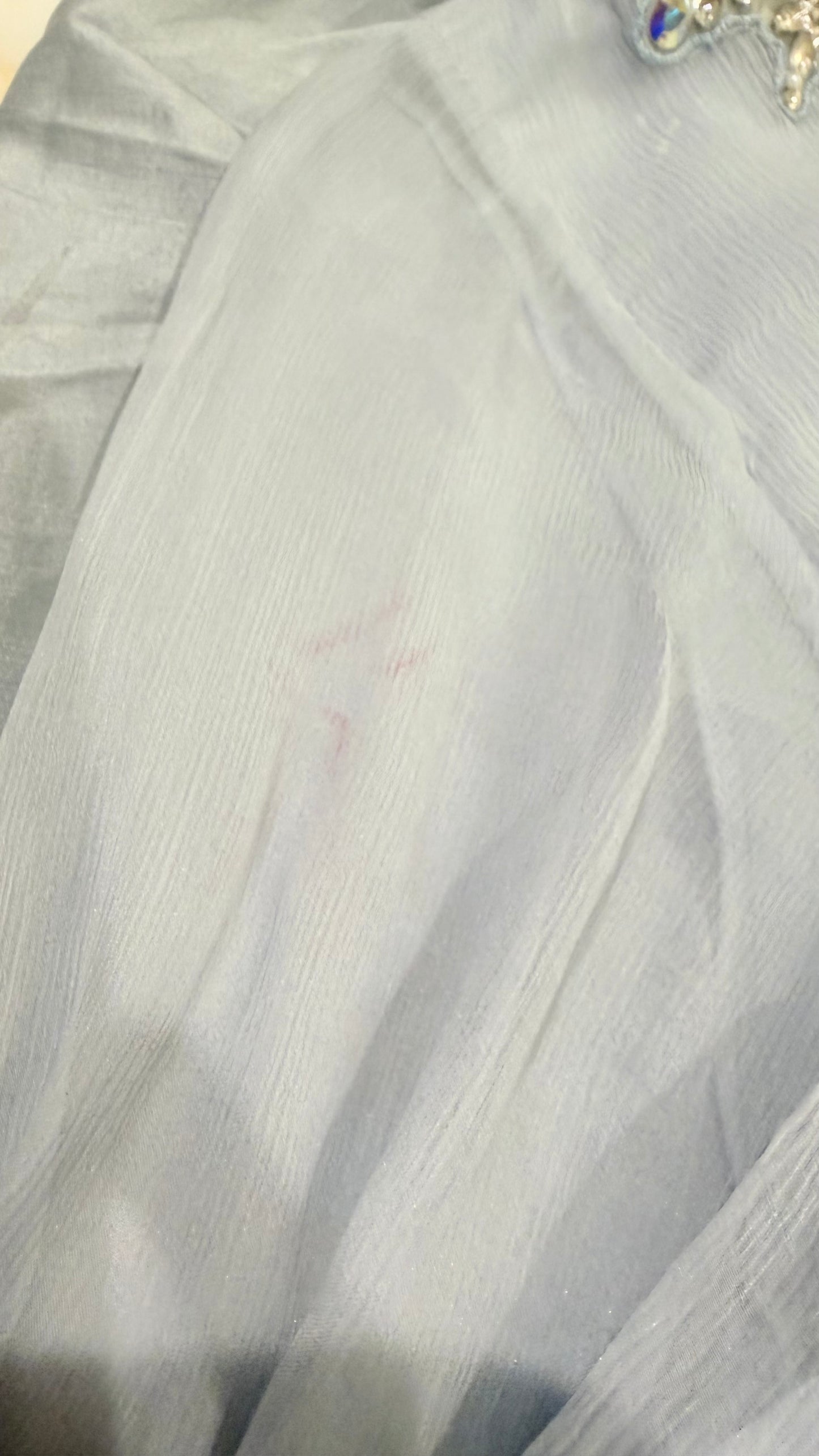 Maria B Gray Blue Chiffon Layered Style Shirt with Embellishments on Neckline and Lace and Pearl Trim on Sleeves.