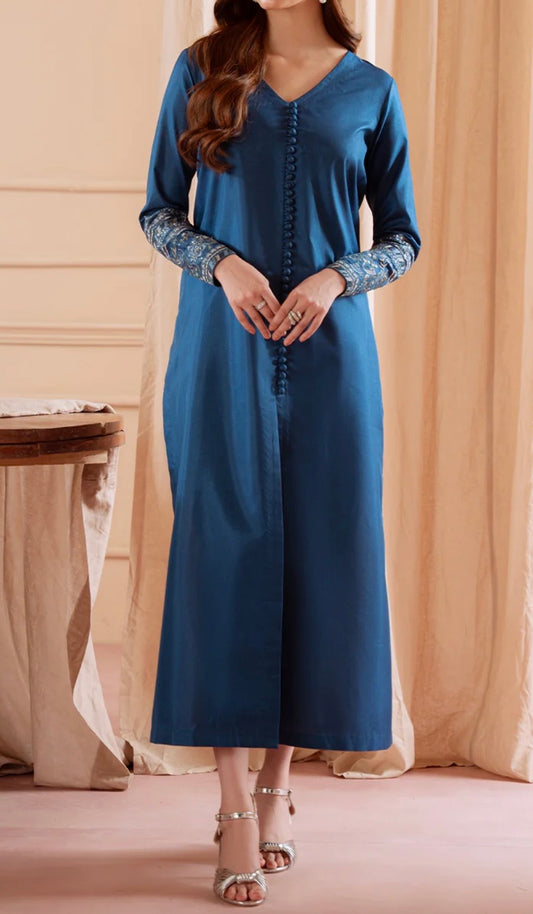 Vanya Blue Long Silk Shirt with Trousers and Embroidery on Sleeves