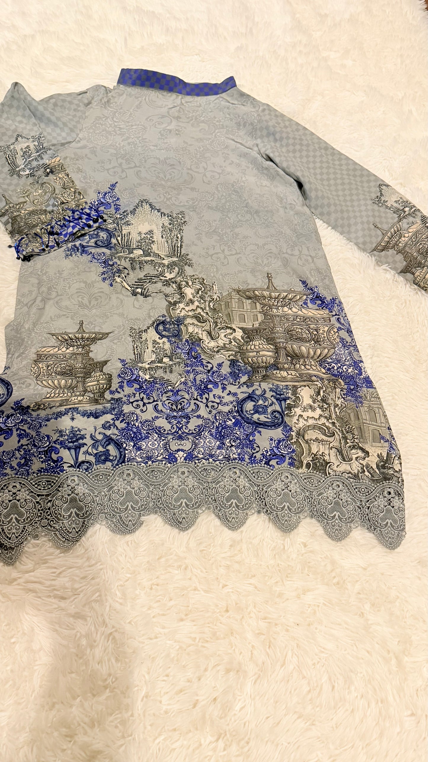 Cross Stitch Silk Shirt with Hi Neck Collar, Pearl Fringe on Sleeves and Lace trim on hem