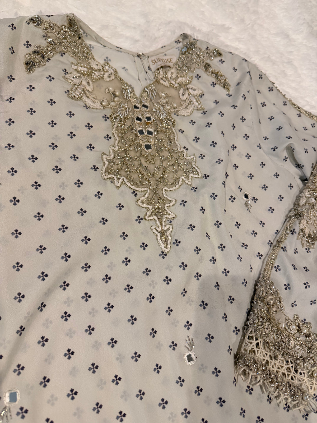 Suffuse Gray Silk Suit with Heavily Embroidered Printed Shirt and Pants with Embellishments on border