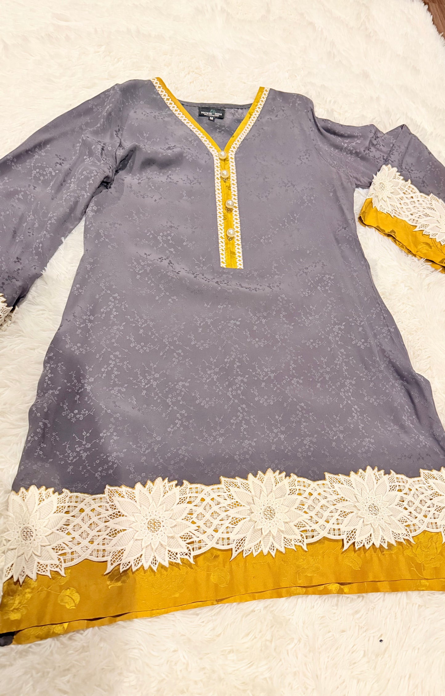 Nickie Nina Purple Self Printed Silk Suit with Yellow Contrasting Silk and White Lace Accents