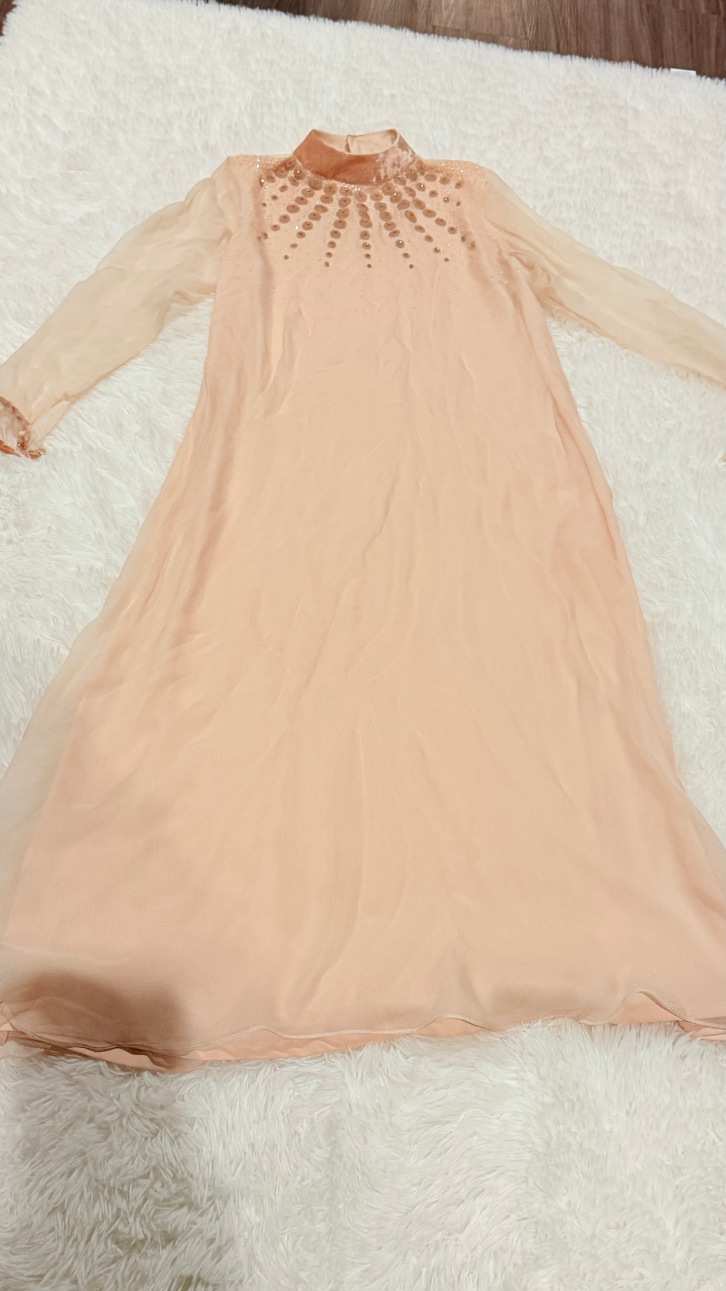 Leisure Club Soft Pink A-line Chiffon Shirt with Heavy Bead and Crystal work on Neckline.