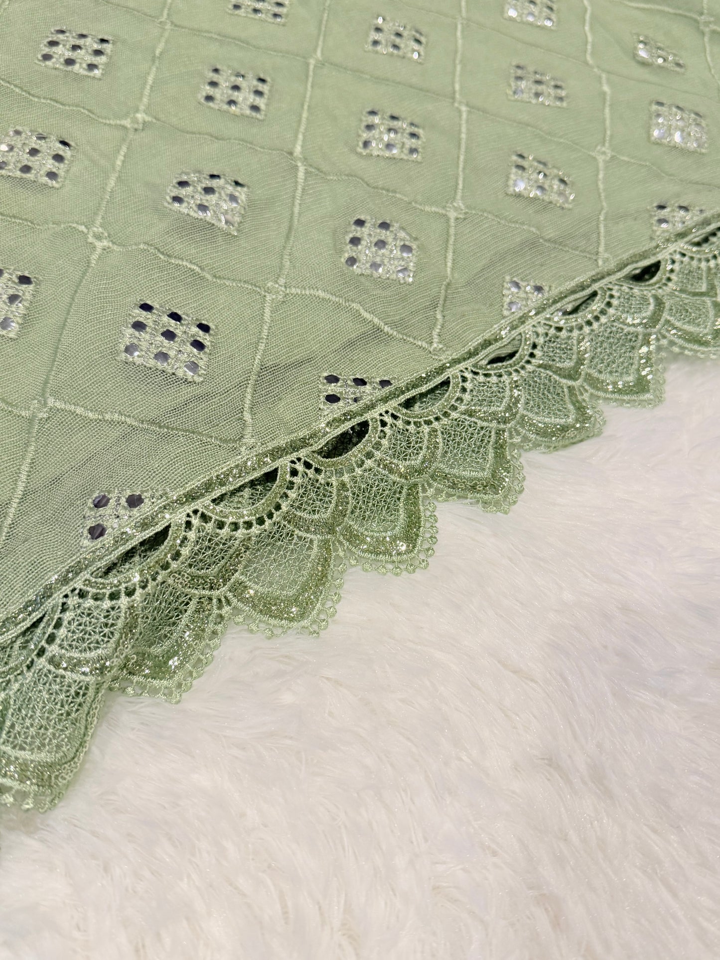 Cross Stitch Sea Green Shirt with Embroidery and Mirror Like work throughout with Pearl and Mirror-look buttons.