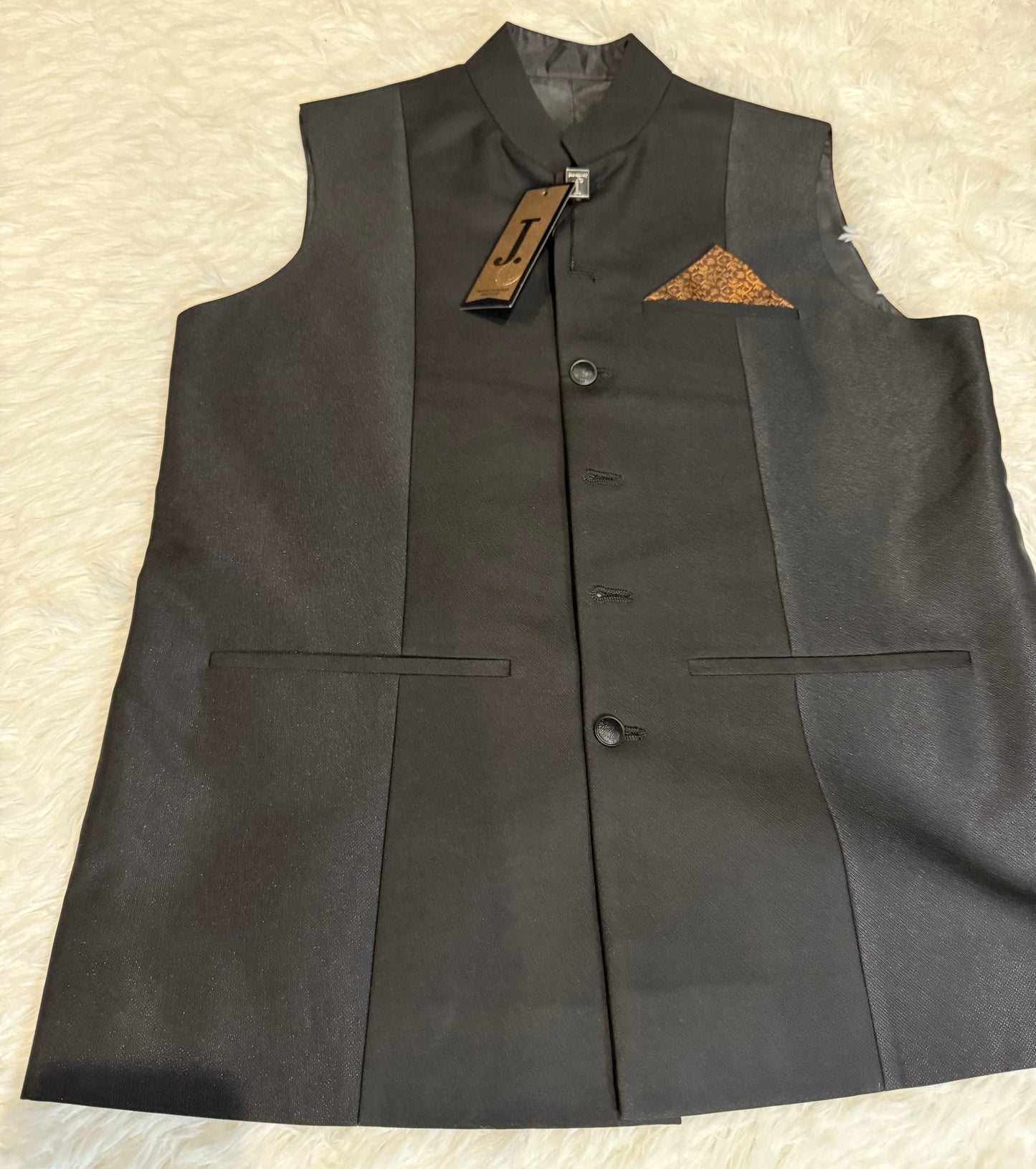 .Junaid Jamshed Black Waistcoat with Purple & Gold Pocket Square