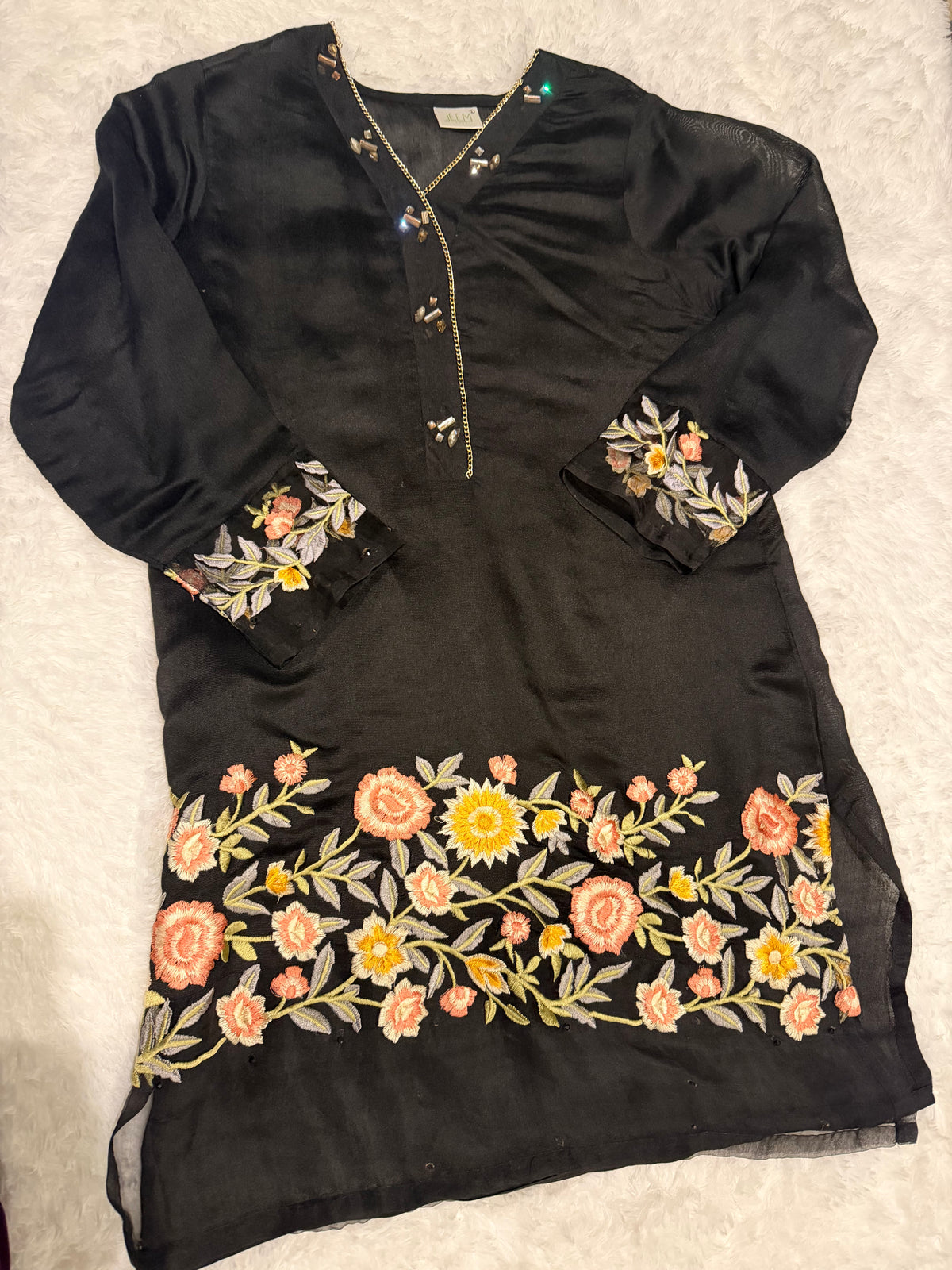 Jeem Black Cotton/Silk blend Shirt with accents on neckline and Embroidery on Sleeves and border.
