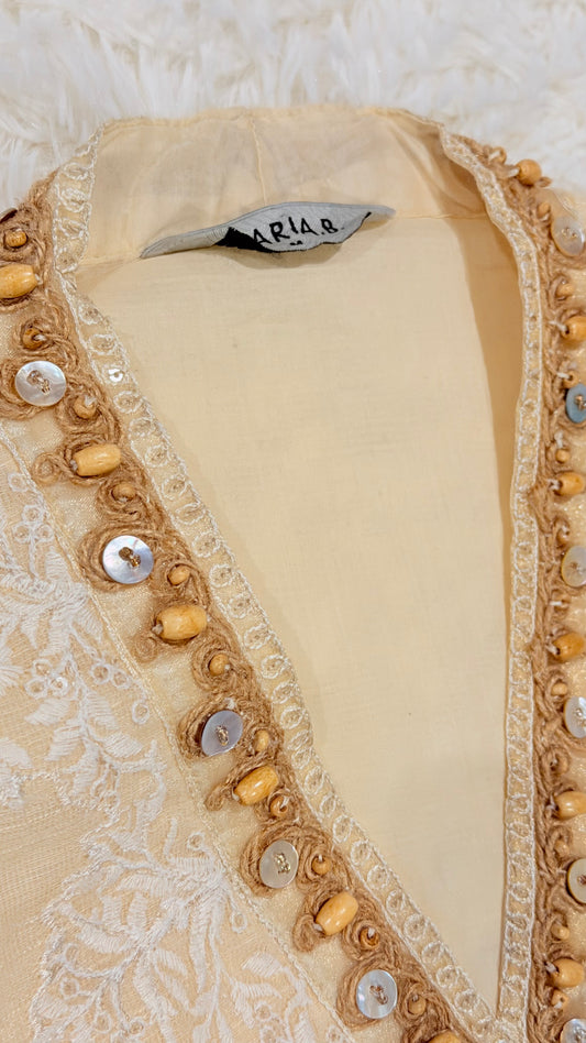 Maria B Cotton Net Cream Shirt with Emboirdery on front and Chiffon Balloon Sleeves with Embroidery on the side.