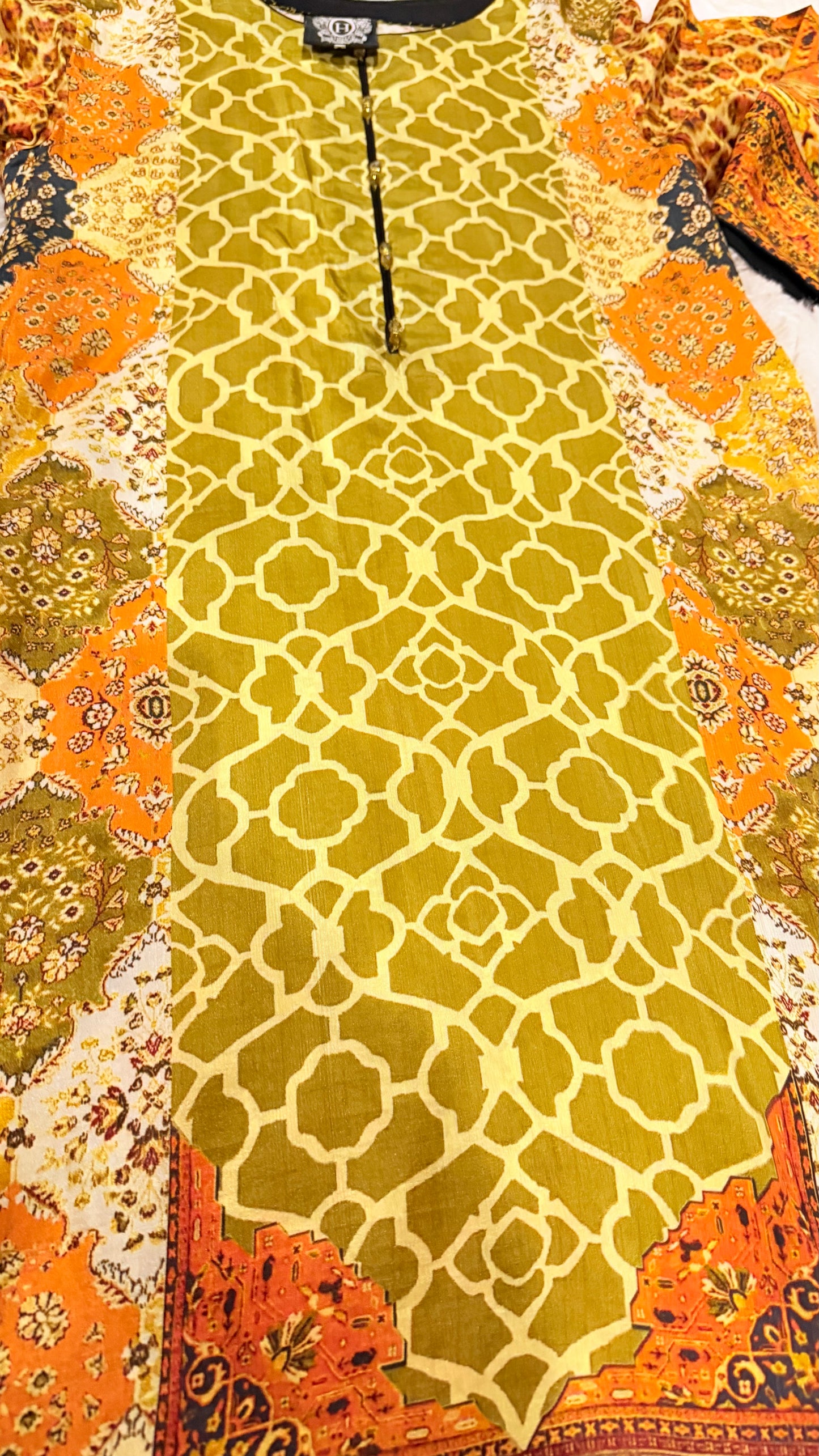 HSY Printed Silk Kurta with Crystal Buttons and Black Edging