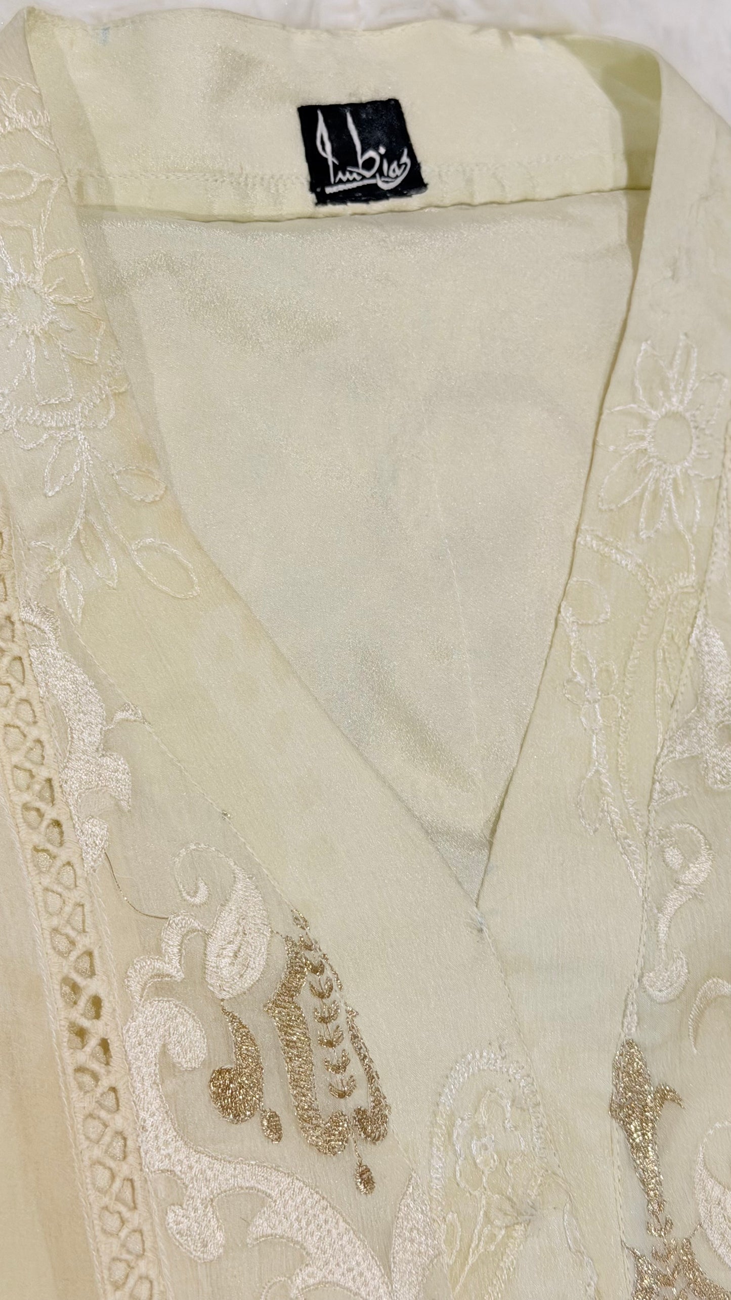 Imbias Off-White Chiffon Shirt with Embroidery and Self-Print background in light beige color