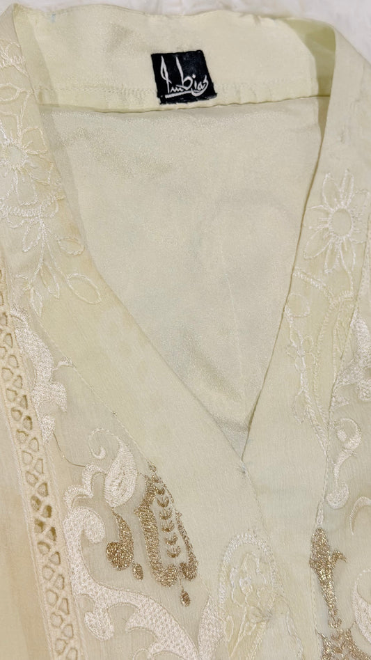 Imbias Off-White Chiffon Shirt with Embroidery and Self-Print background in light beige color