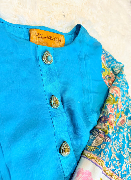 Threads & Motifs Teal Chiffon Shirt with Slip and Heavily Embroidered Bell Sleeves