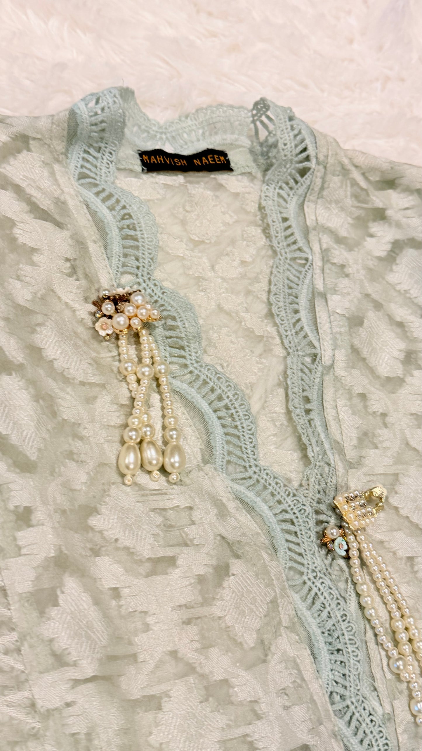 Mahvish Naeem Mint Green Organza Shirt with Embroidery and 3D flower embellishments with Pearl and Crystal accents.