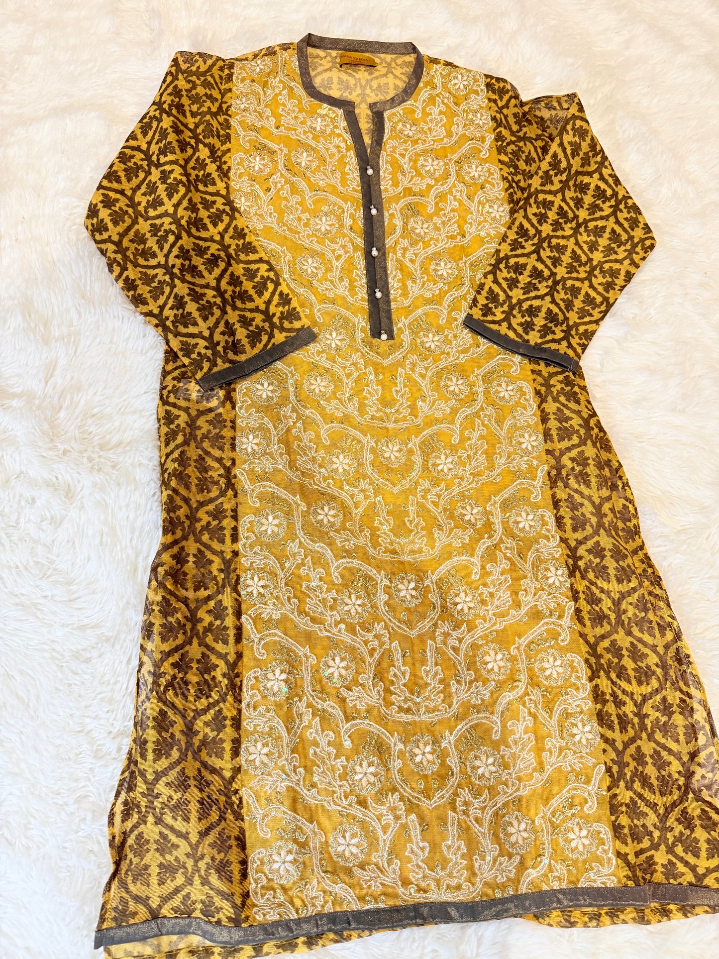 Sana Safinaz 2 Piece Mustard/Brown Cotton Silk Shirt with Metallic threads, sequins and pearls on neckline