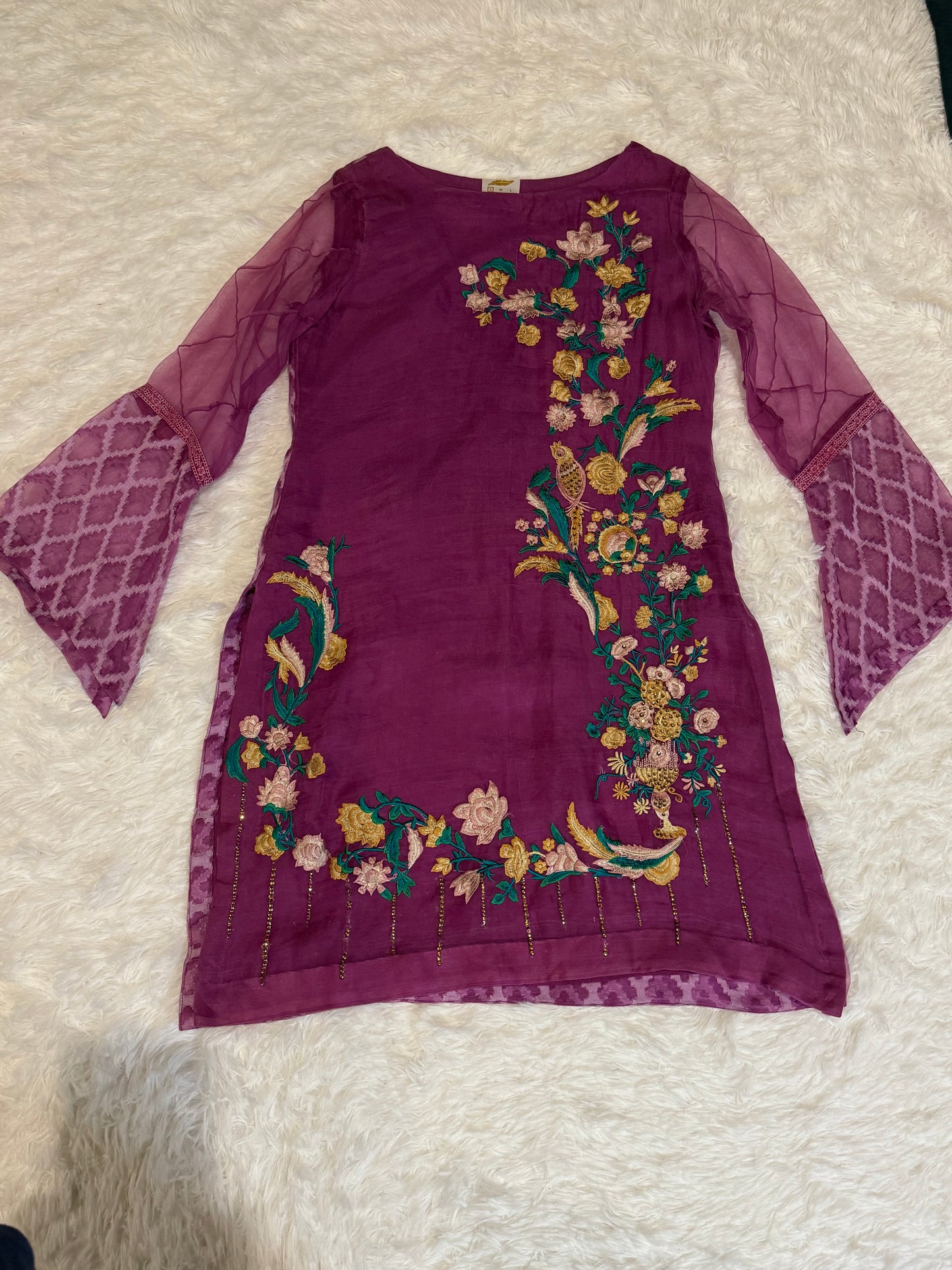 FPL Fuchsia Kameez with Green, Peach & Yellow Embroidery with Bronze Sequins