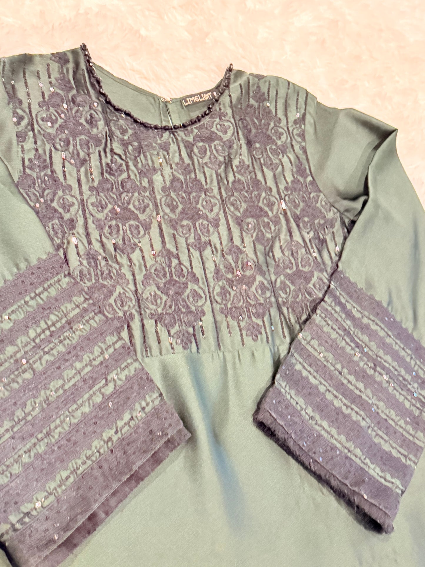 Limelight Bottle Green Silk Suit with Black Embroidery and Embellishments