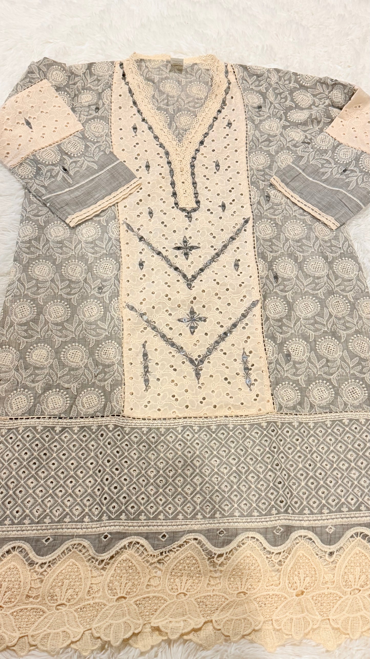 Amber Z Cotton Kurta with Heavy Embroidery in Off-white and Gray Color with Shisha (mirror) work throughout