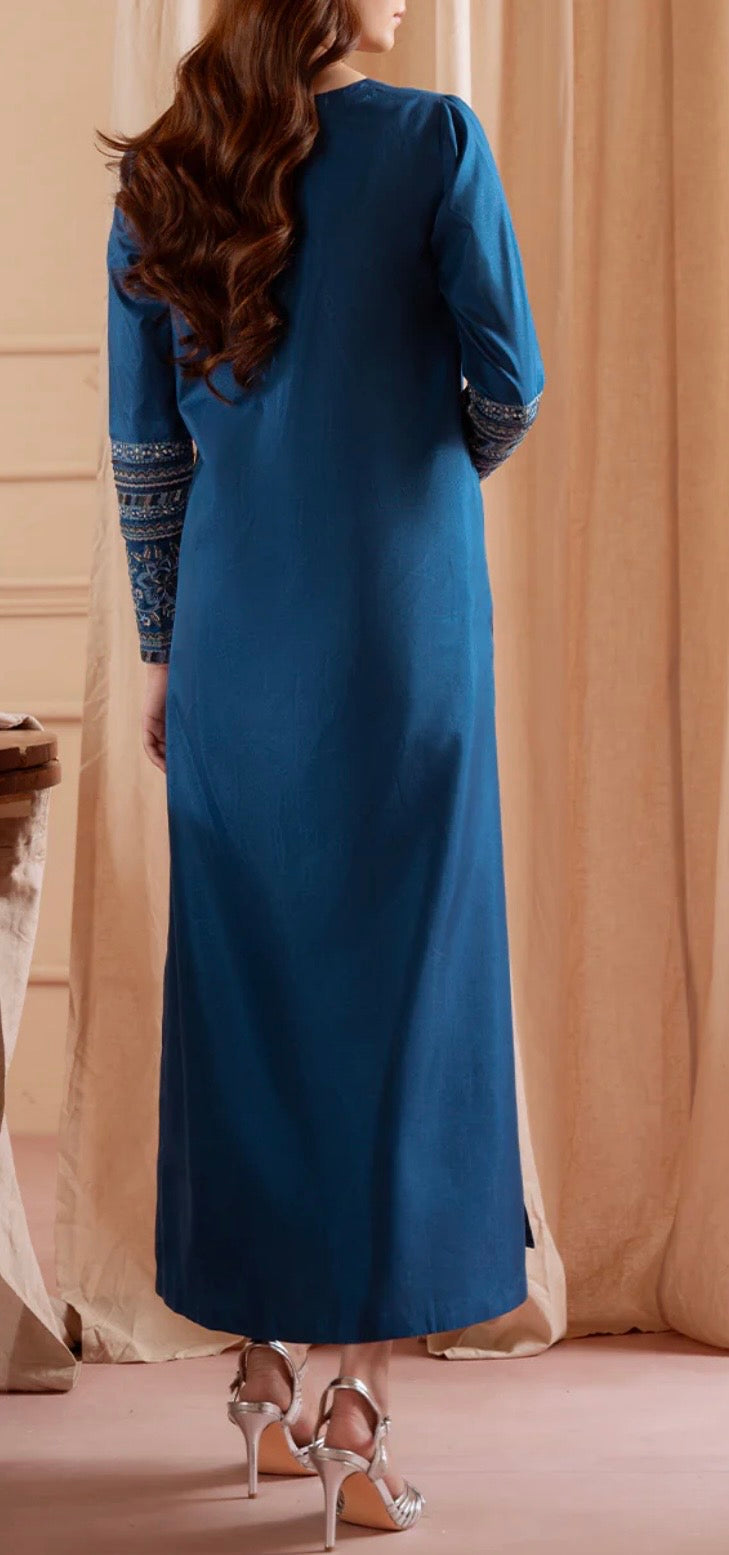 Vanya Blue Long Silk Shirt with Trousers and Embroidery on Sleeves