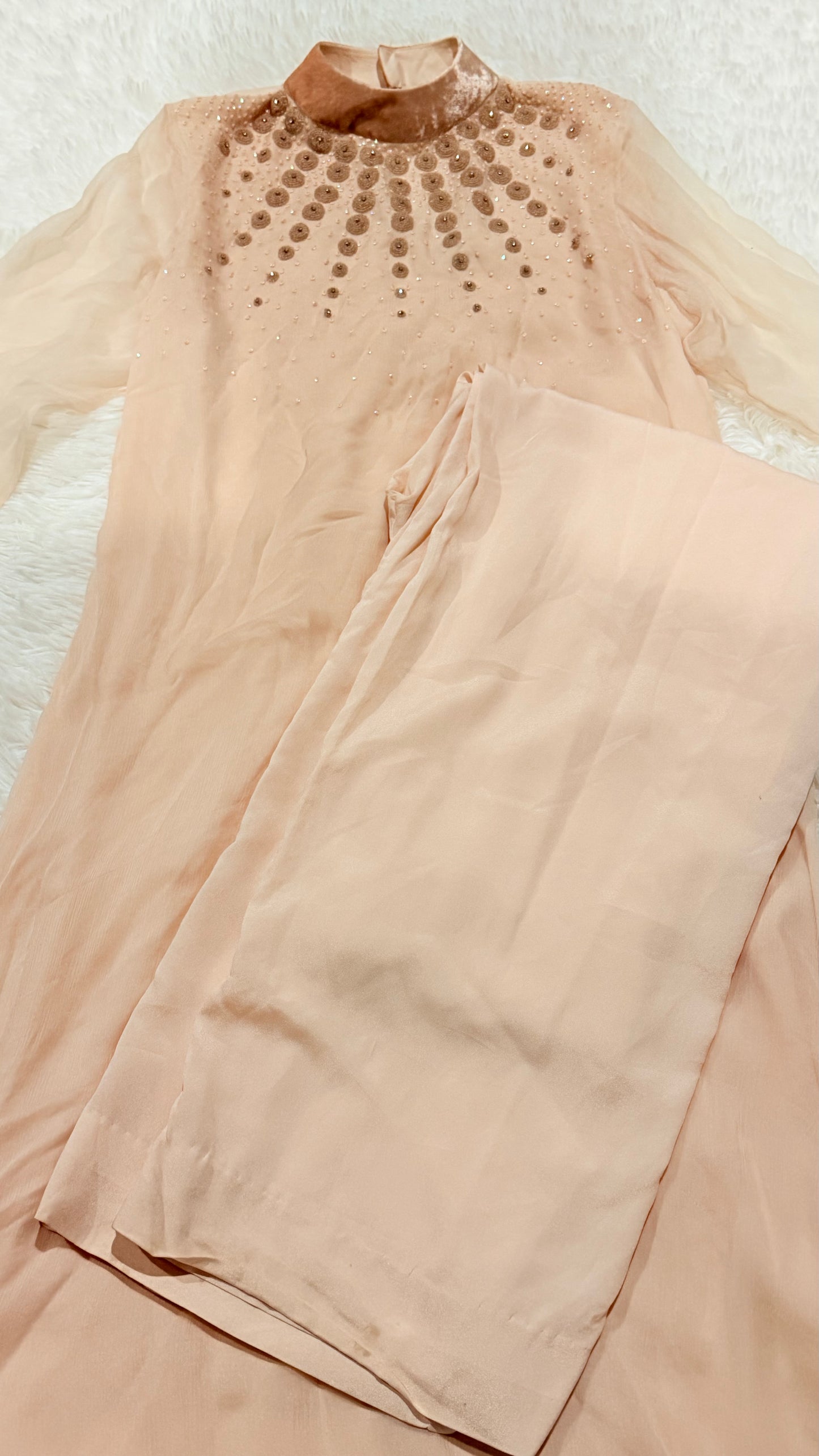 Leisure Club Soft Pink A-line Chiffon Shirt with Heavy Bead and Crystal work on Neckline.