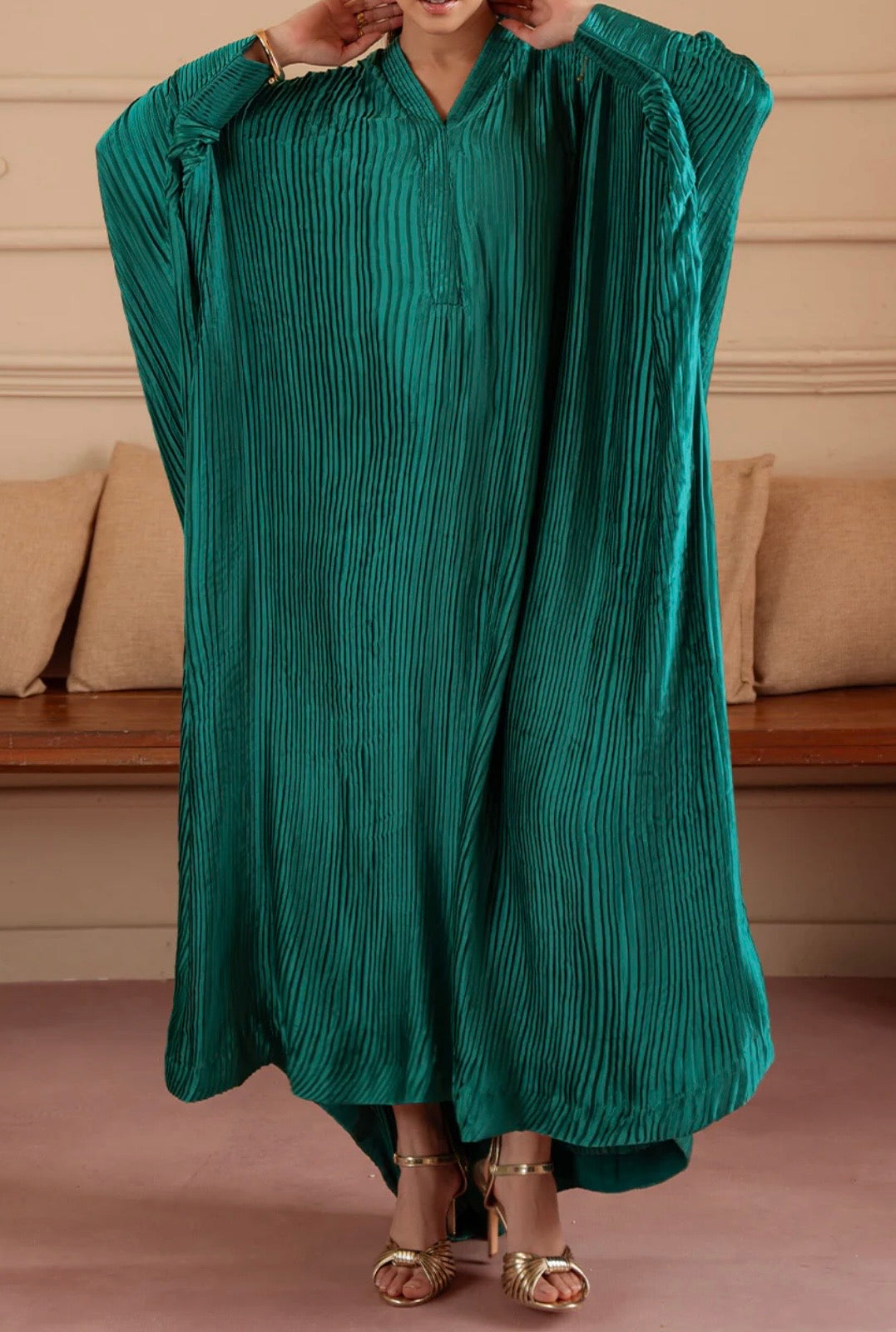 Vanya Silk Green Pleated Kaftan