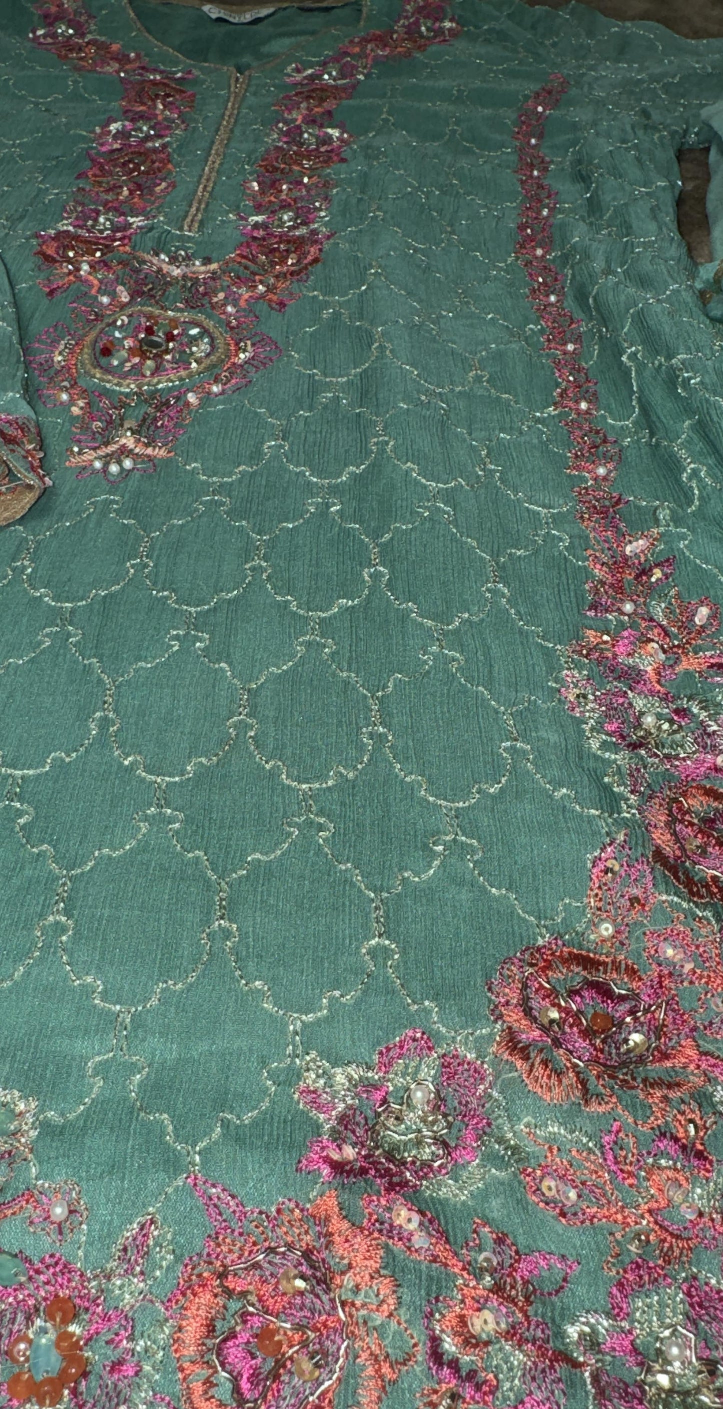 Teal Chinyere Shirt with Pink and Gold Embroidery with Straight Pants and Dupatta