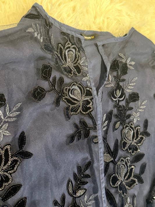 Sapphire Navy Blue Net Shirt with Black and Grey Floral Patterning with Metallic Threads and Sequins