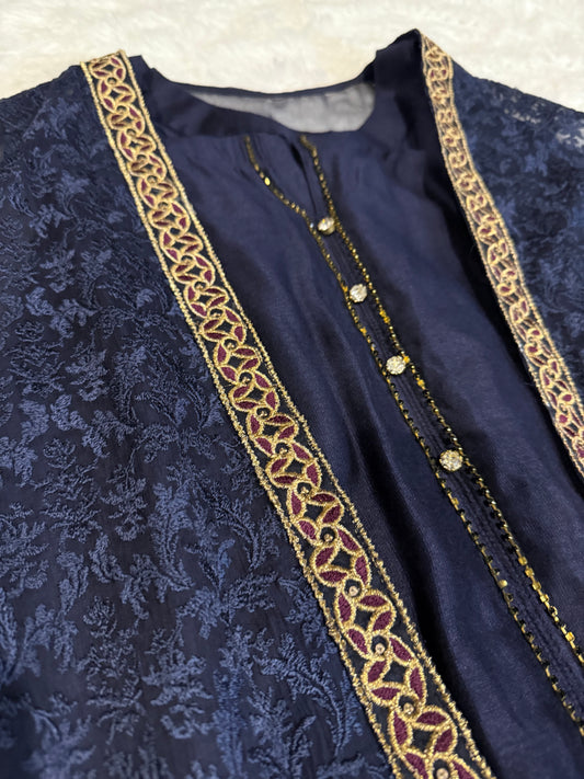 Dhanak Blue Gown with Embellished Slip and Chiffon Embroidered Jacket