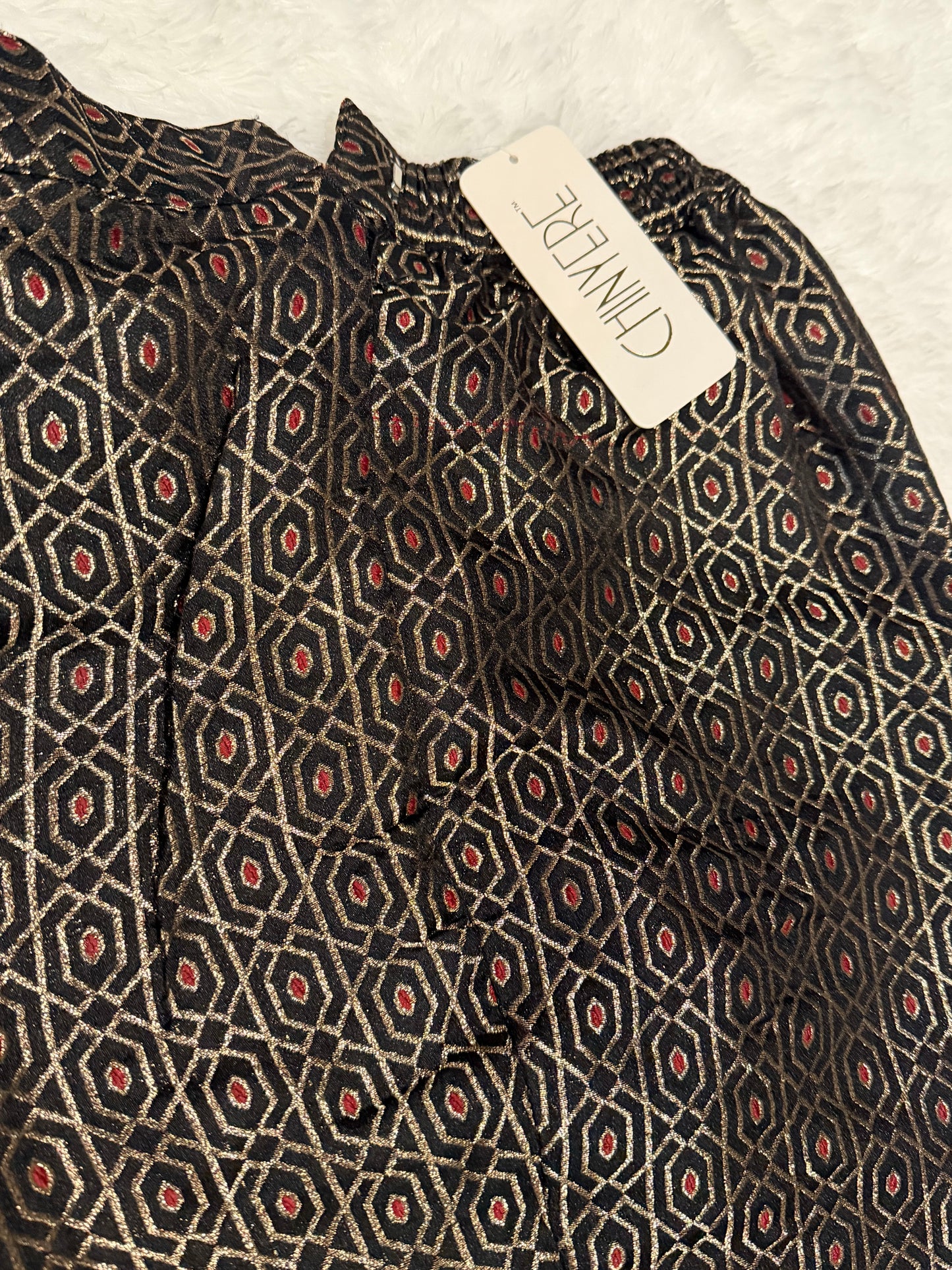 Chinyere Formals Black Silk/Jamawar Pants with Golden and Red Print