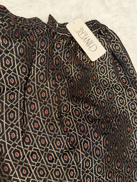 Chinyere Formals Black Silk/Jamawar Pants with Golden and Red Print