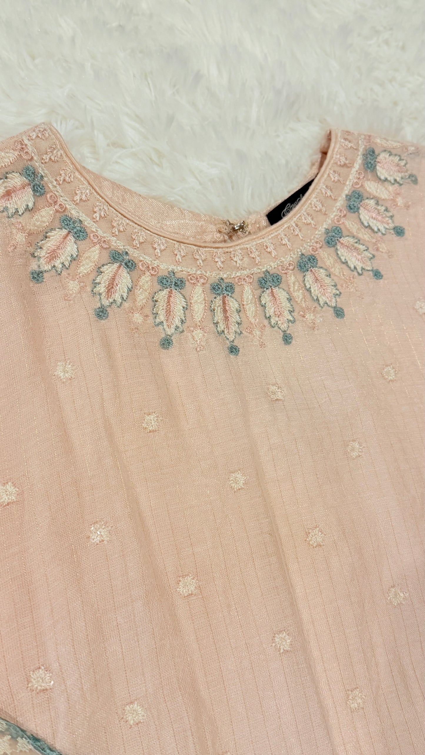 Cross Stitch Baby Pink Cotton Silk Kurta with Sequin work and Metallic thread on shirt