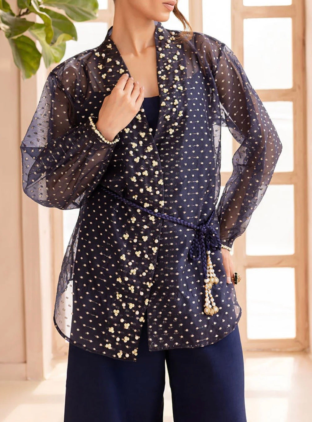 Vanya Navy Blue Organza Wrap with Embroidery