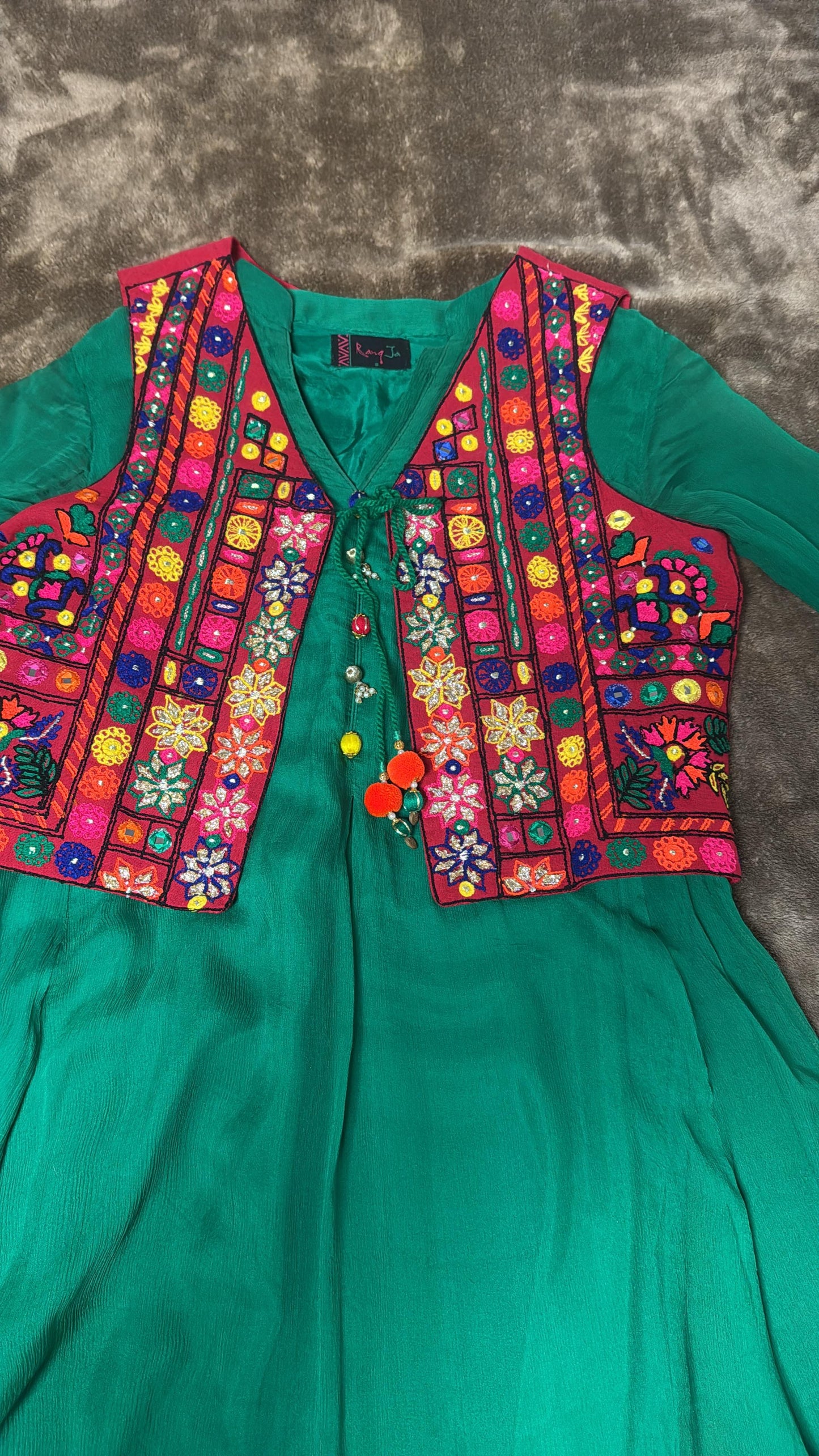 Green Rang Ja A-line Georgette Silk Kurti-Frock with Red Vest with Colored Embroidery and Embellished Buttons
