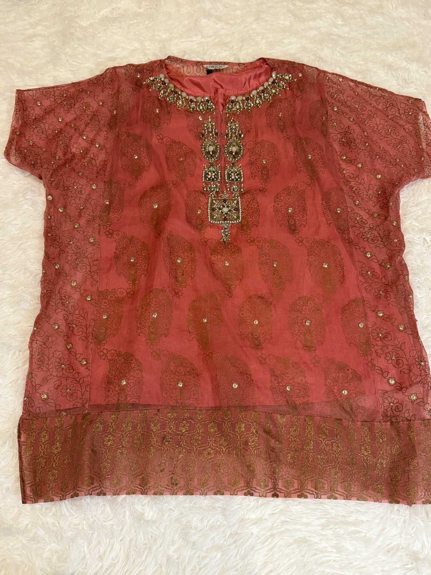 Chinyere Tea Pink Box Cut Top with Golden Block Printing and Beautiful Gota and Stone Embroidery