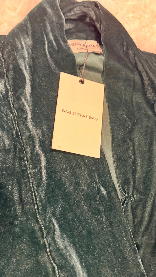 Sabeen Abbas Green Velvet Suit with Gold Buttons on Sleeves and Collar Style Neckline