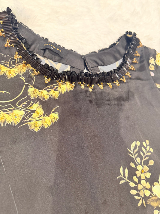 Sapphire Silk Black Shirt with Sequins spread throughout shirt and heavy embellishments around neckline.