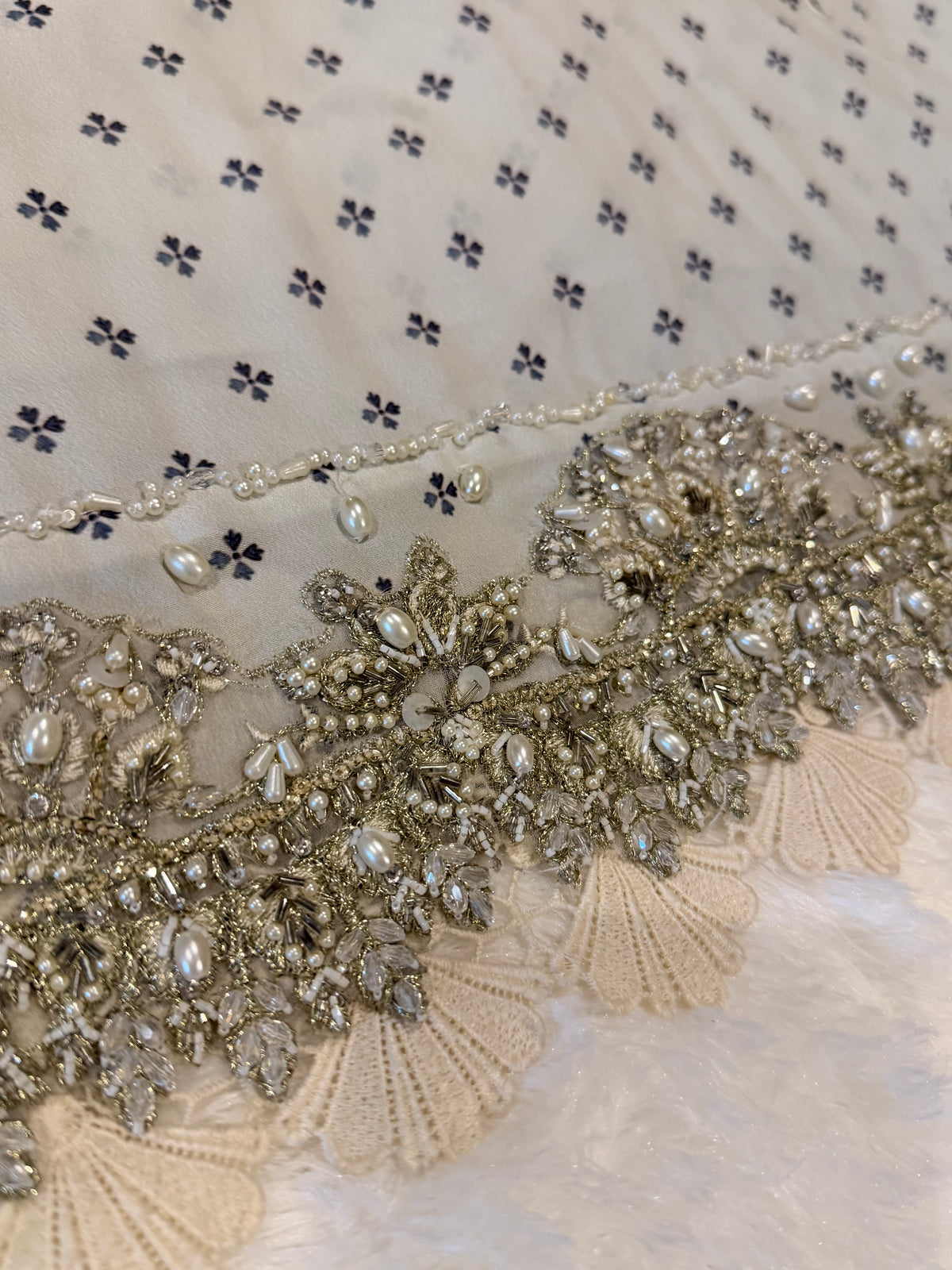 Suffuse Gray Silk Suit with Heavily Embroidered Printed Shirt and Pants with Embellishments on border