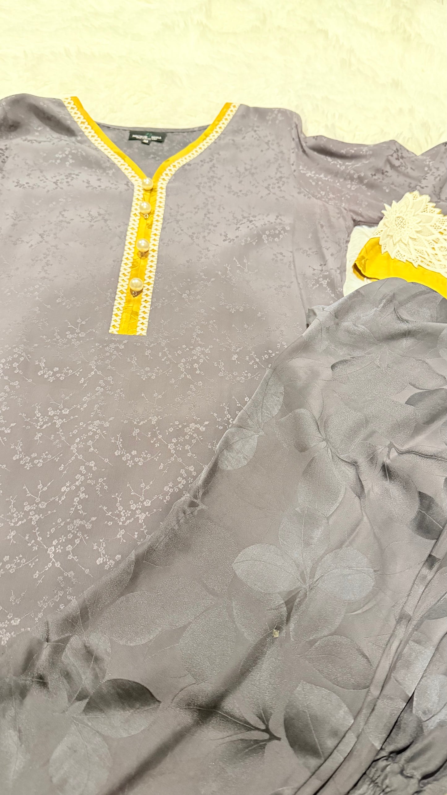 Nickie Nina Purple Self Printed Silk Suit with Yellow Contrasting Silk and White Lace Accents